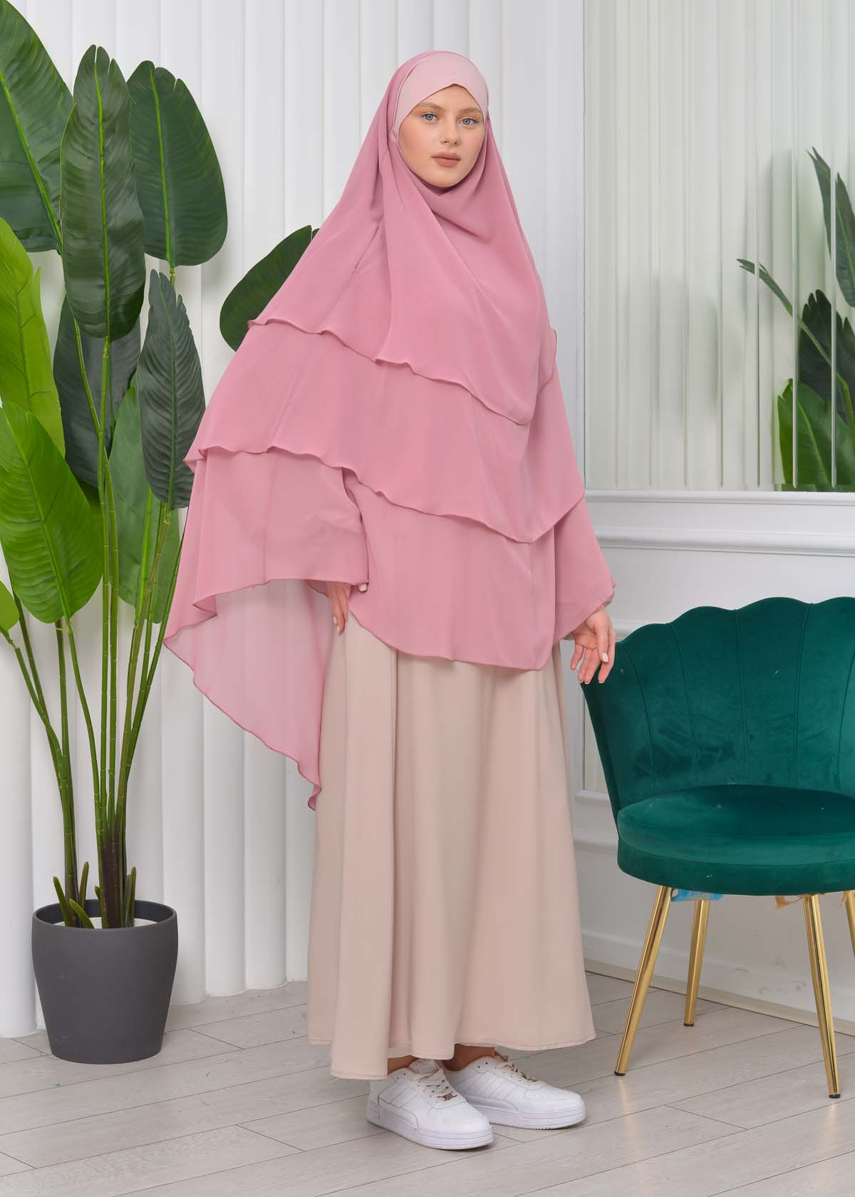 Chiffon Hijab Ready Made Veiled Practical Scarf 3 Layer - Cover Souffle 827 Pembe