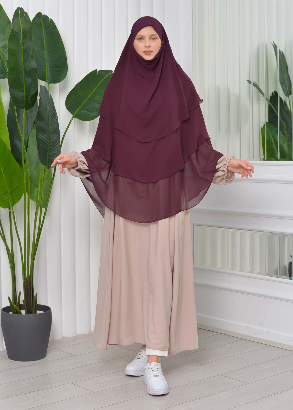 Chiffon Hijab Ready Made Veiled Practical Scarf 3 Layer - Cover Souffle 827 - cherry red