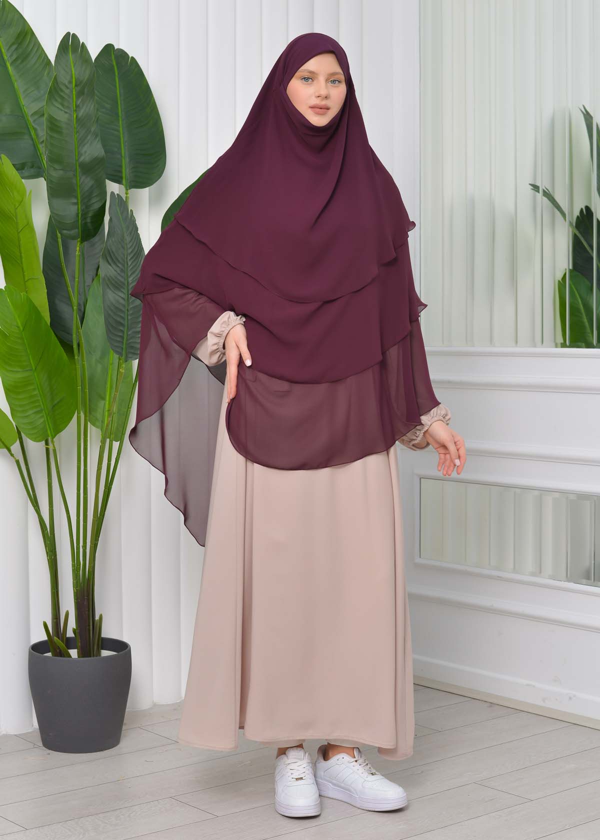 Chiffon Hijab Ready Made Veiled Practical Scarf 3 Layer - Cover Souffle 827 Vişne