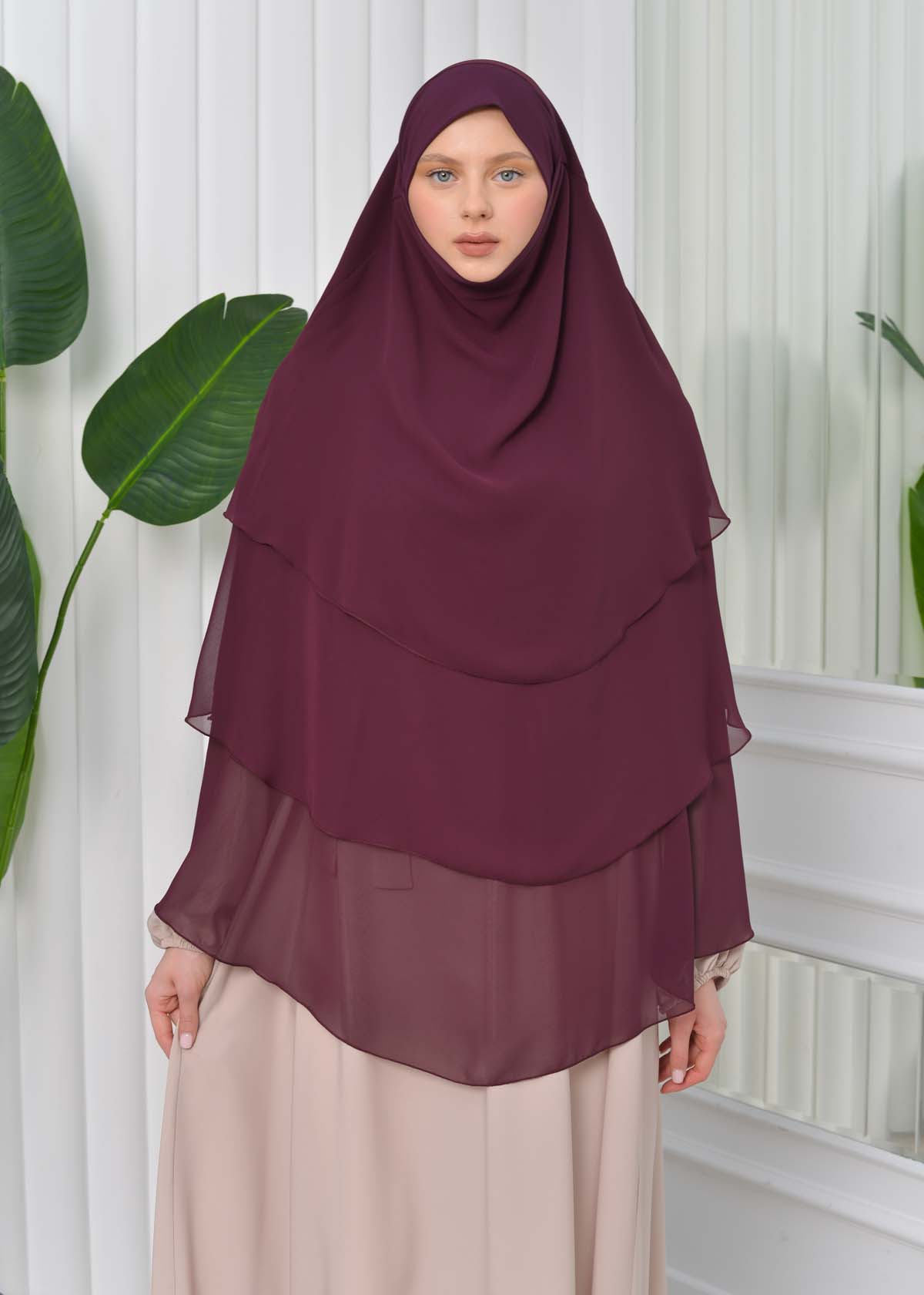 Chiffon Hijab Ready Made Veiled Practical Scarf 3 Layer - Cover Souffle 827 Vişne