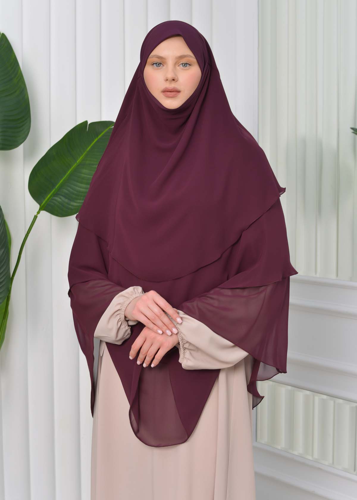 Chiffon Hijab Ready Made Veiled Practical Scarf 3 Layer - Cover Souffle 827 Vişne