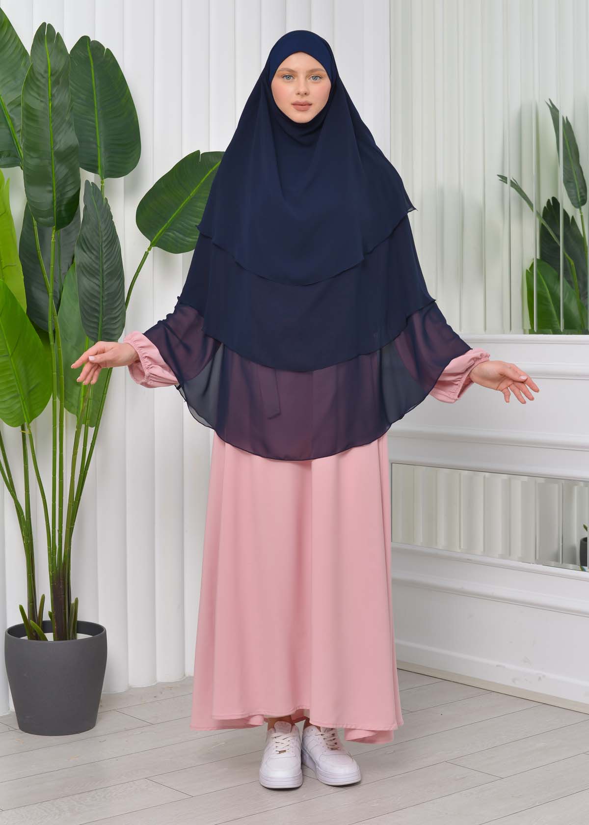 Chiffon Hijab Ready Made Veiled Practical Scarf 3 Layer - Cover Souffle 827 Lacivert