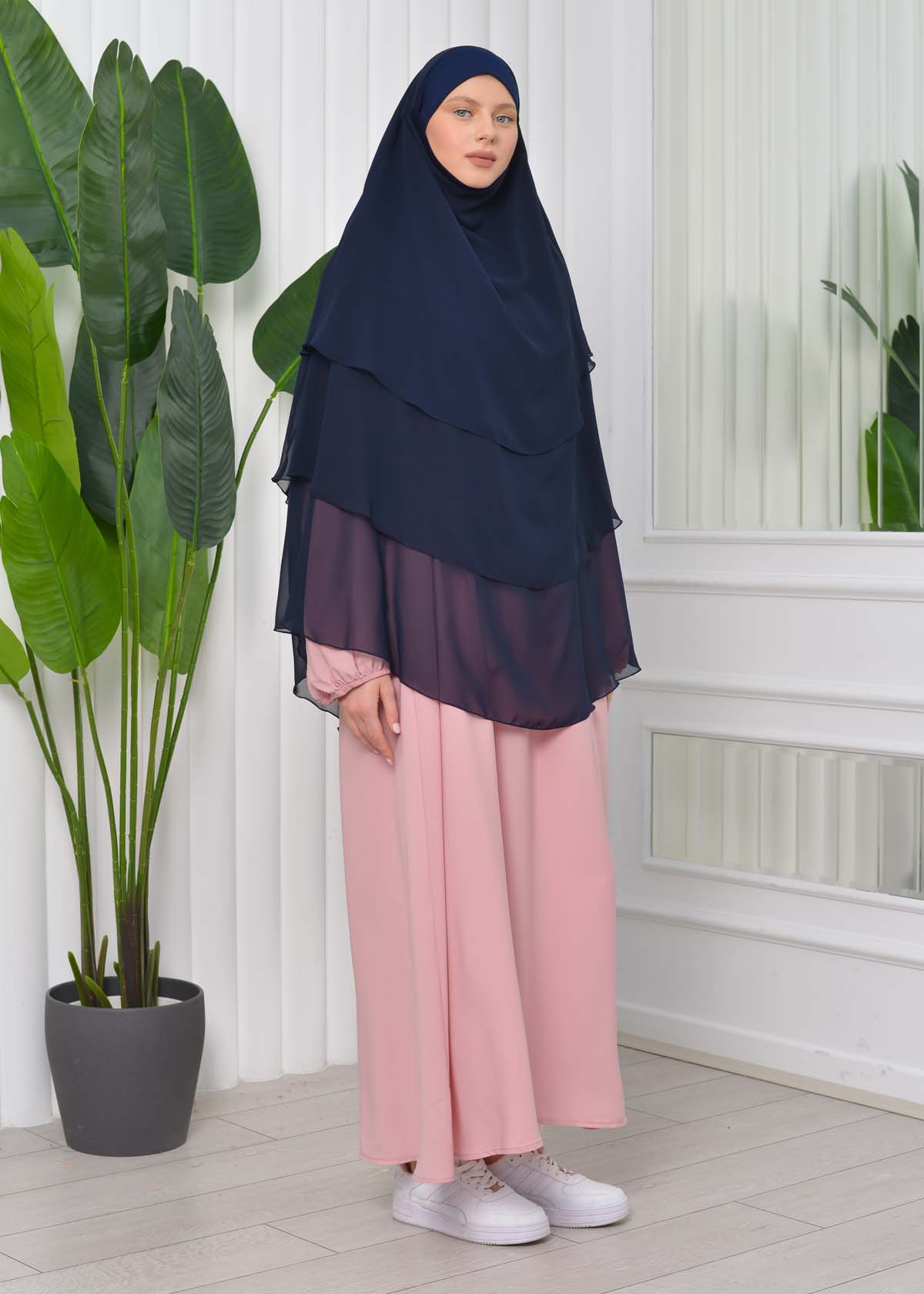 Chiffon Hijab Ready Made Veiled Practical Scarf 3 Layer - Cover Souffle 827 Lacivert