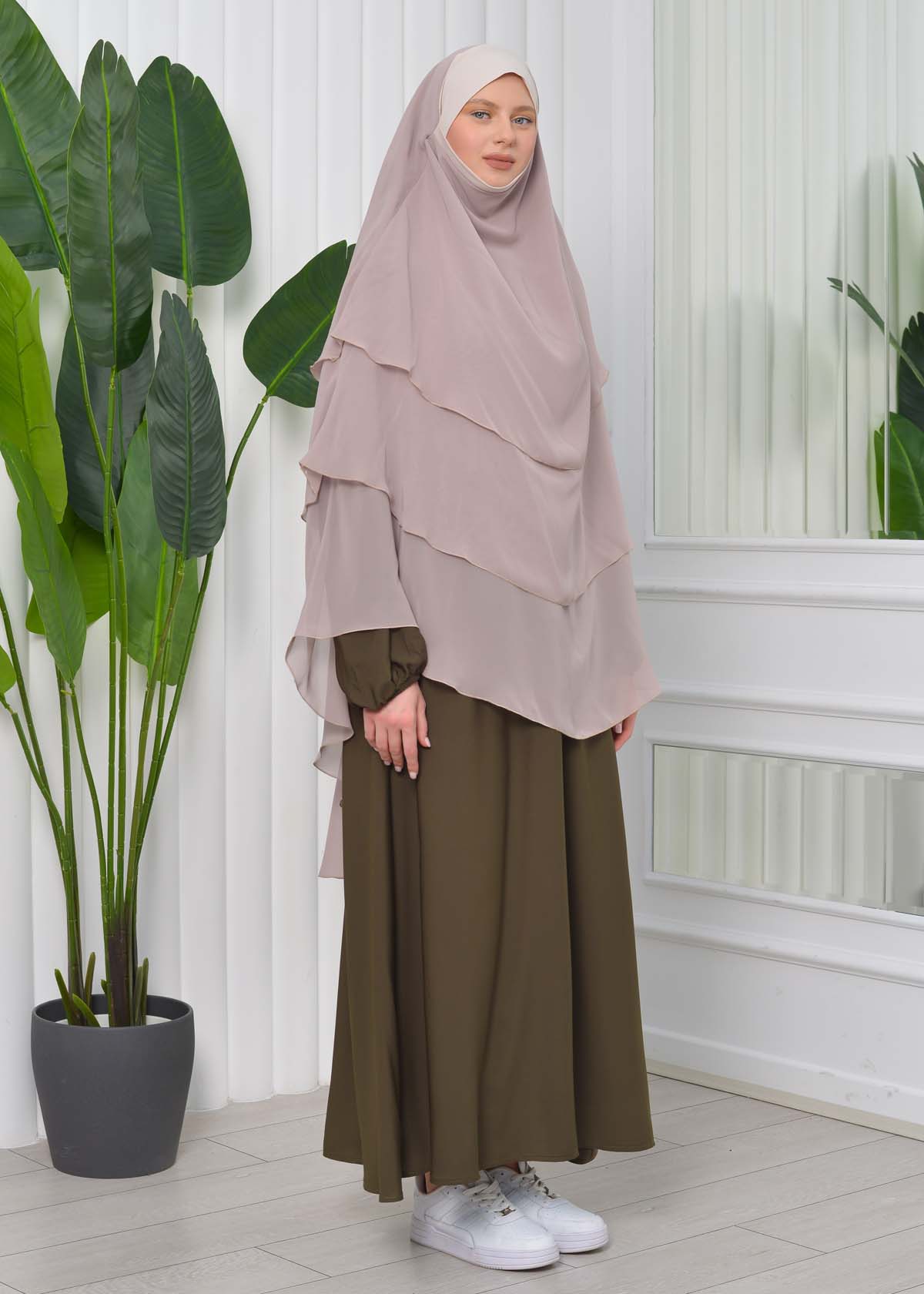 Chiffon Hijab Ready Made Veiled Practical Scarf 3 Layer - Cover Souffle 827 açık kahve