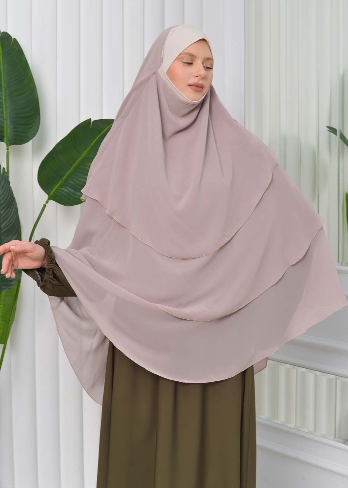 Chiffon Hijab Ready Made Veiled Practical Scarf 3 Layer - Cover Souffle 827 açık kahve