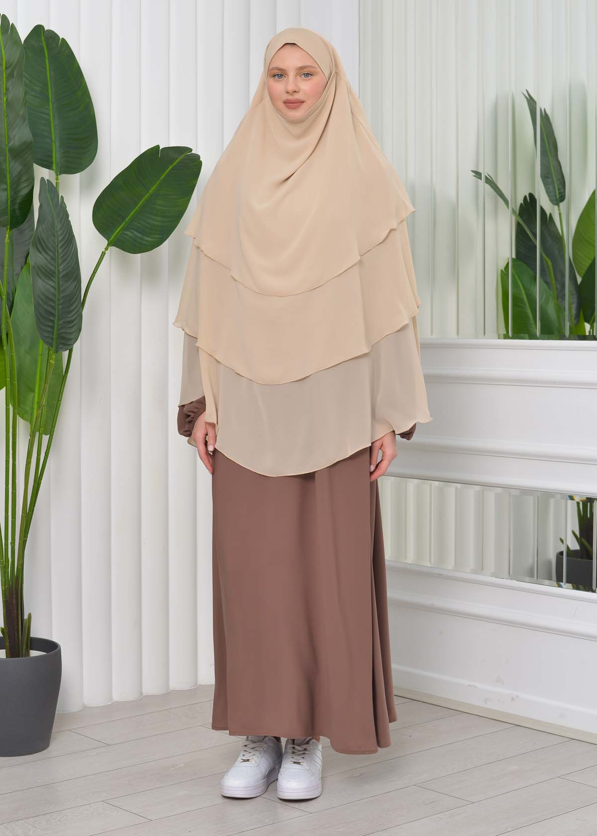 Chiffon Hijab Ready Made Veiled Practical Scarf 3 Layer - Cover Souffle 827 - wheat