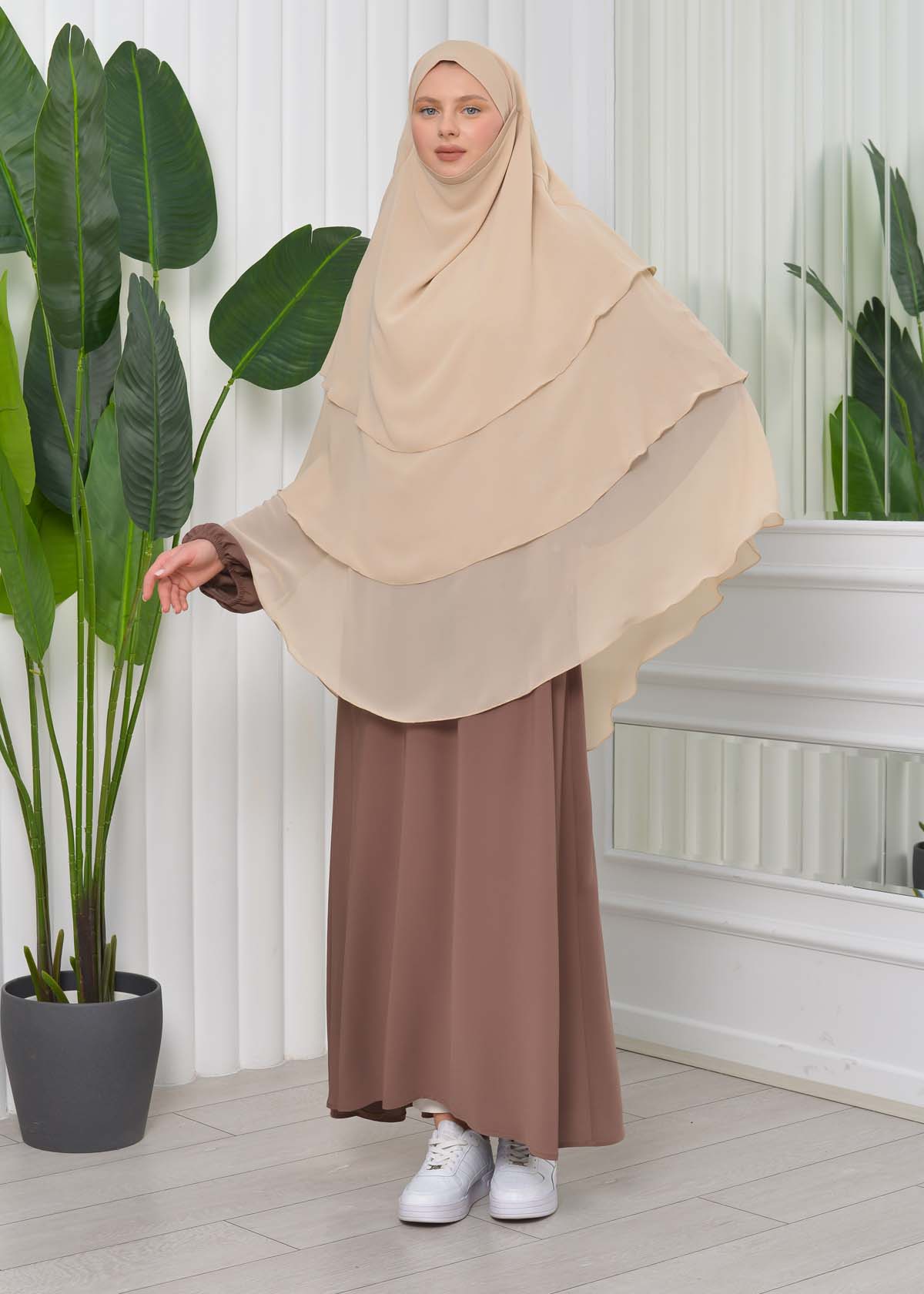 Chiffon Hijab Ready Made Veiled Practical Scarf 3 Layer - Cover Souffle 827 tahini