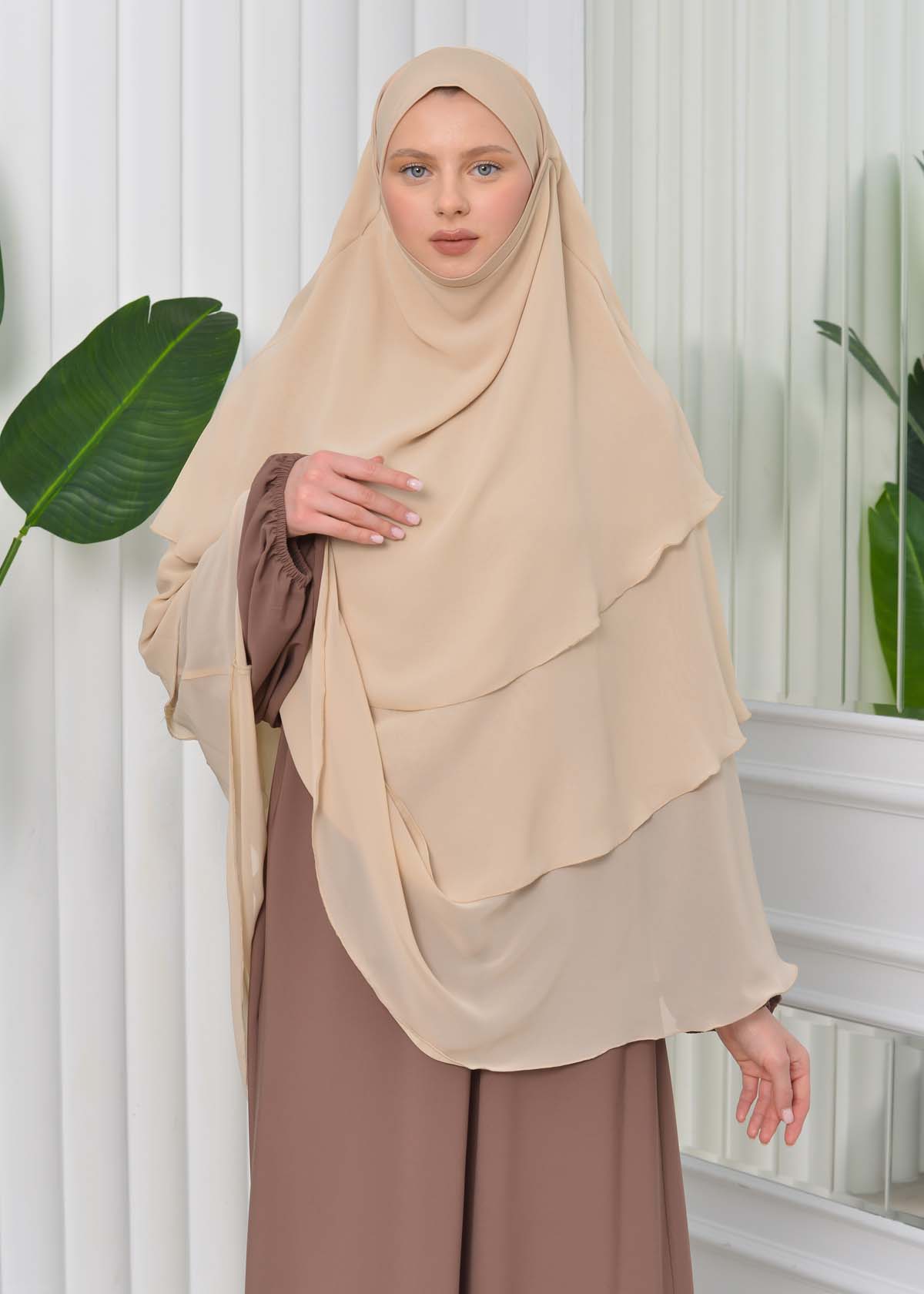 Chiffon Hijab Ready Made Veiled Practical Scarf 3 Layer - Cover Souffle 827 tahini