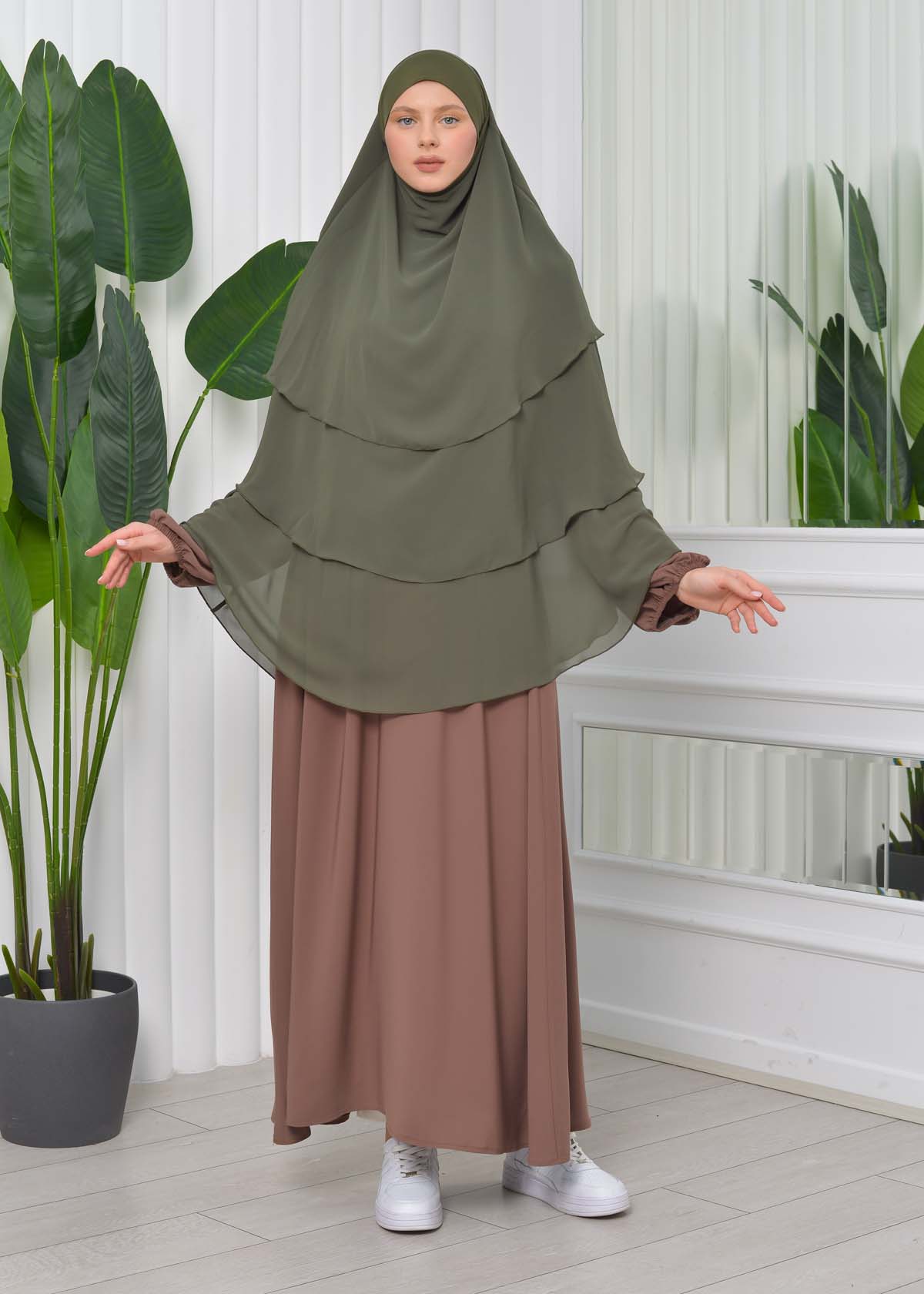 Chiffon Hijab Ready Made Veiled Practical Scarf 3 Layer - Cover Souffle 827 - dark khaki