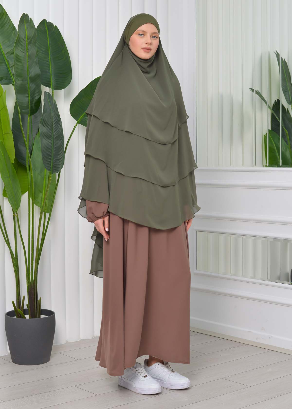 Chiffon Hijab Ready Made Veiled Practical Scarf 3 Layer - Cover Souffle 827 kuyu haki