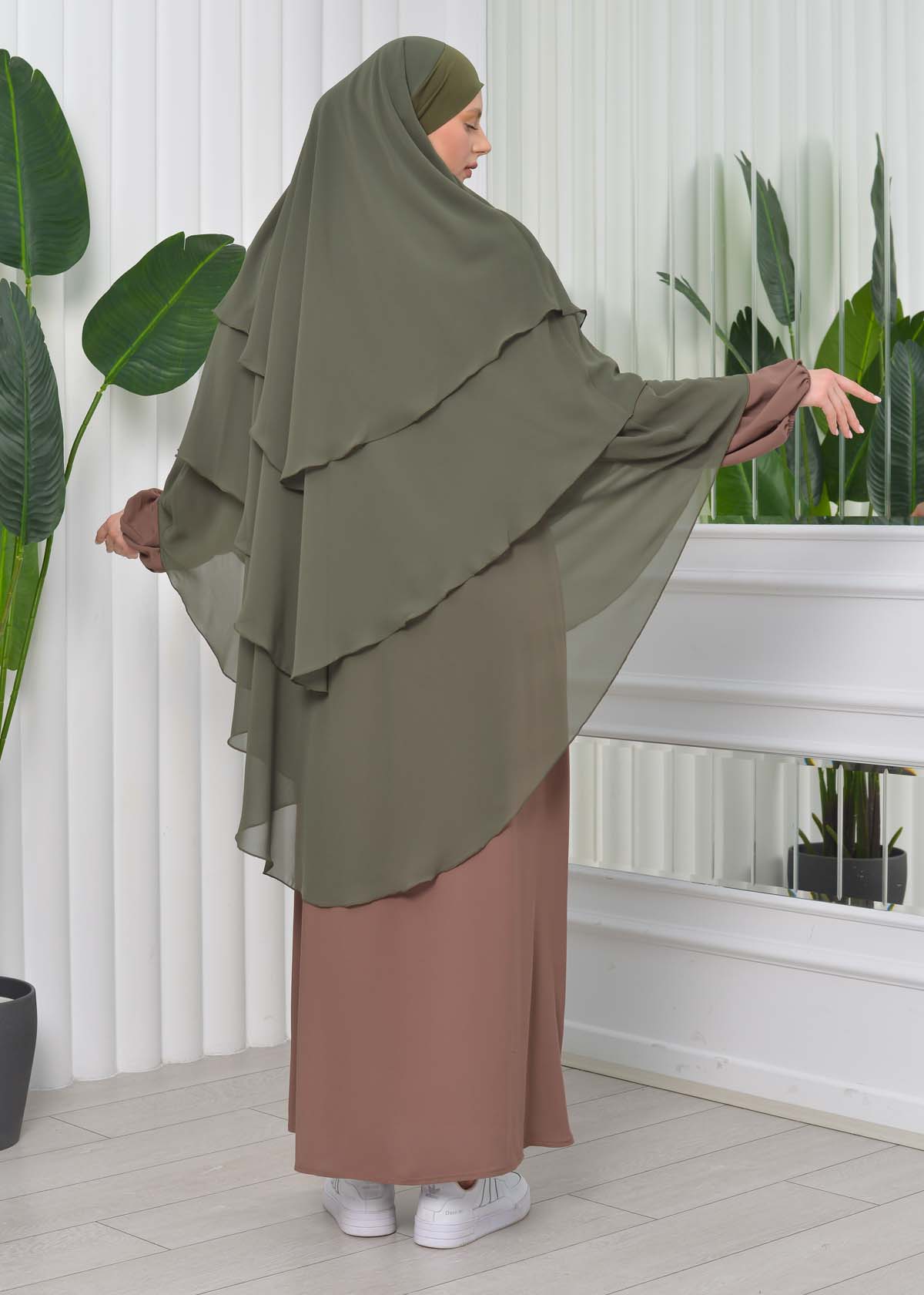 Chiffon Hijab Ready Made Veiled Practical Scarf 3 Layer - Cover Souffle 827 kuyu haki