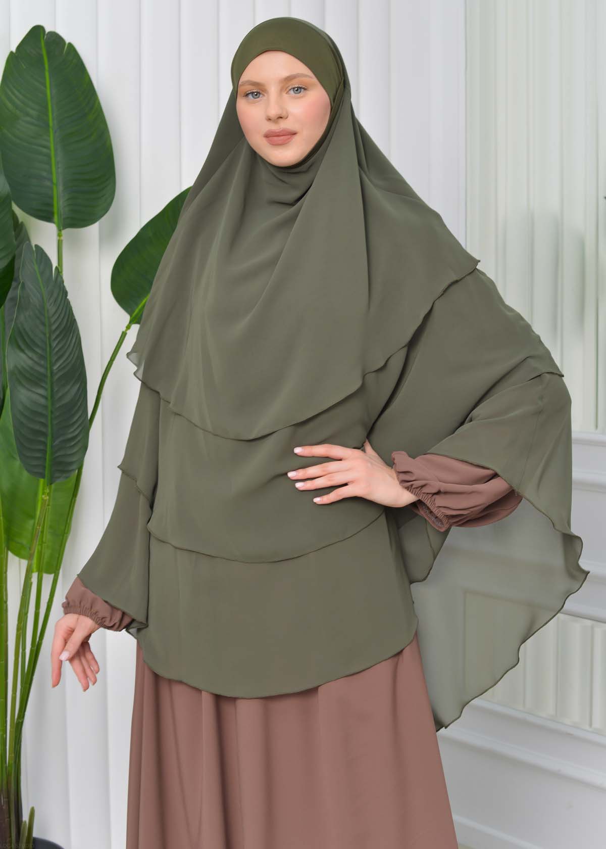 Chiffon Hijab Ready Made Veiled Practical Scarf 3 Layer - Cover Souffle 827 kuyu haki