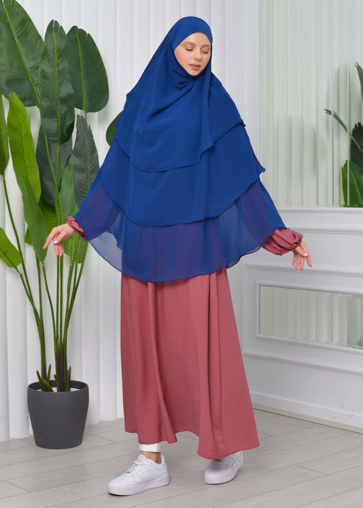 Chiffon Hijab Ready Made Veiled Practical Scarf 3 Layer - Cover Souffle 827 Koyu Lacivert