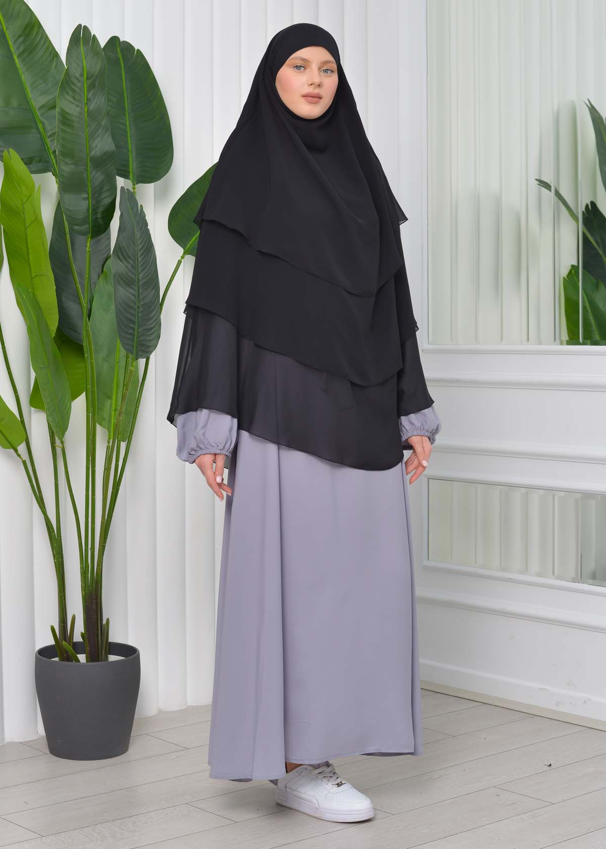 Chiffon Hijab Ready Made Veiled Practical Scarf 3 Layer - Cover Souffle 827 Siyah