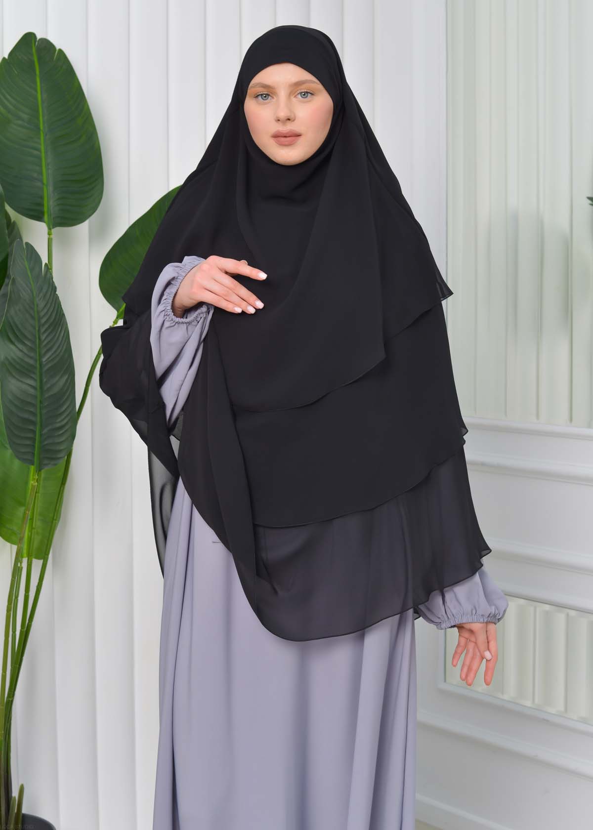 Chiffon Hijab Ready Made Veiled Practical Scarf 3 Layer - Cover Souffle 827 Siyah