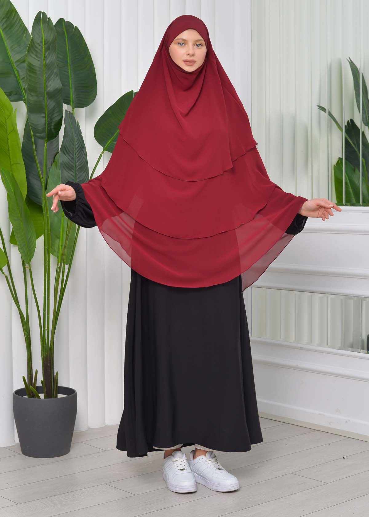 Chiffon Hijab Ready Made Veiled Practical Scarf 3 Layer - Cover Souffle 827 - burgundy