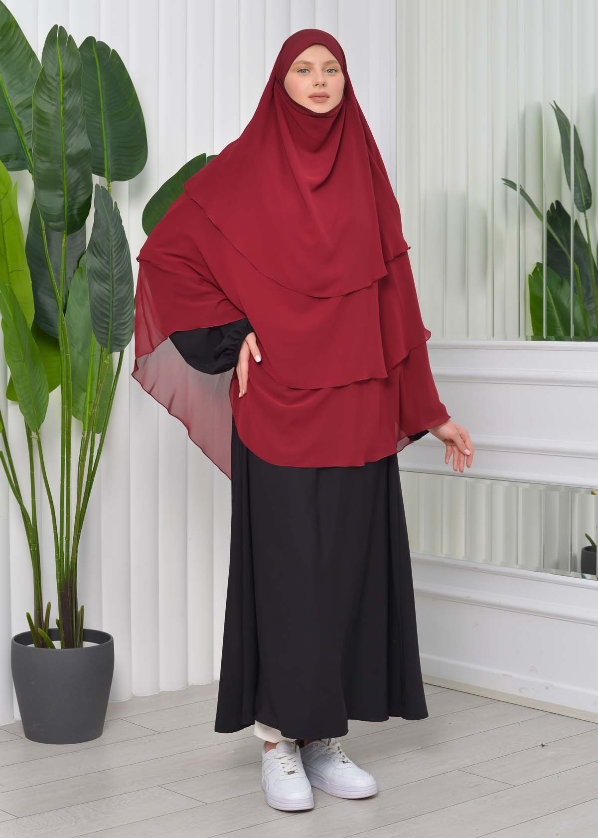 Chiffon Hijab Ready Made Veiled Practical Scarf 3 Layer - Cover Souffle 827 Bordo