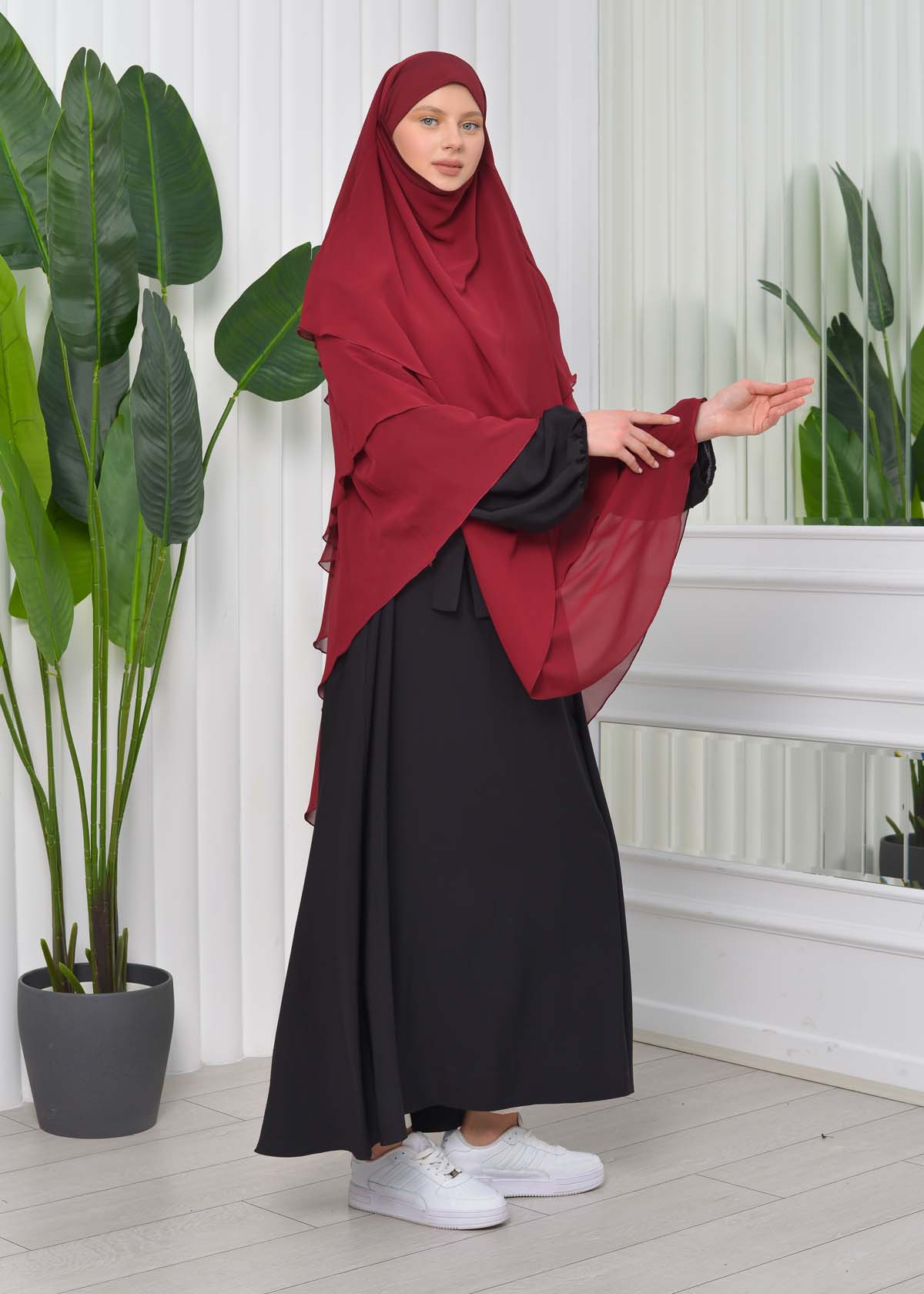 Chiffon Hijab Ready Made Veiled Practical Scarf 3 Layer - Cover Souffle 827 Bordo