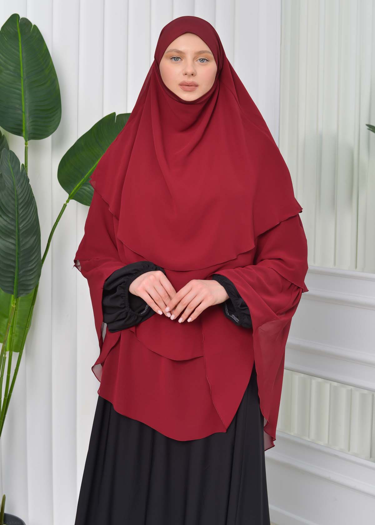 Chiffon Hijab Ready Made Veiled Practical Scarf 3 Layer - Cover Souffle 827 Bordo