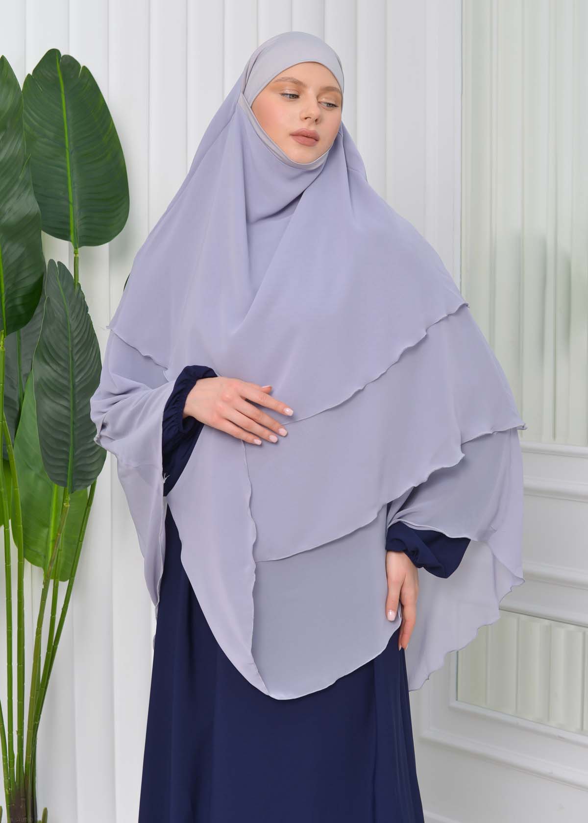 Chiffon Hijab Ready Made Veiled Practical Scarf 3 Layer - Cover Souffle 827 Gri