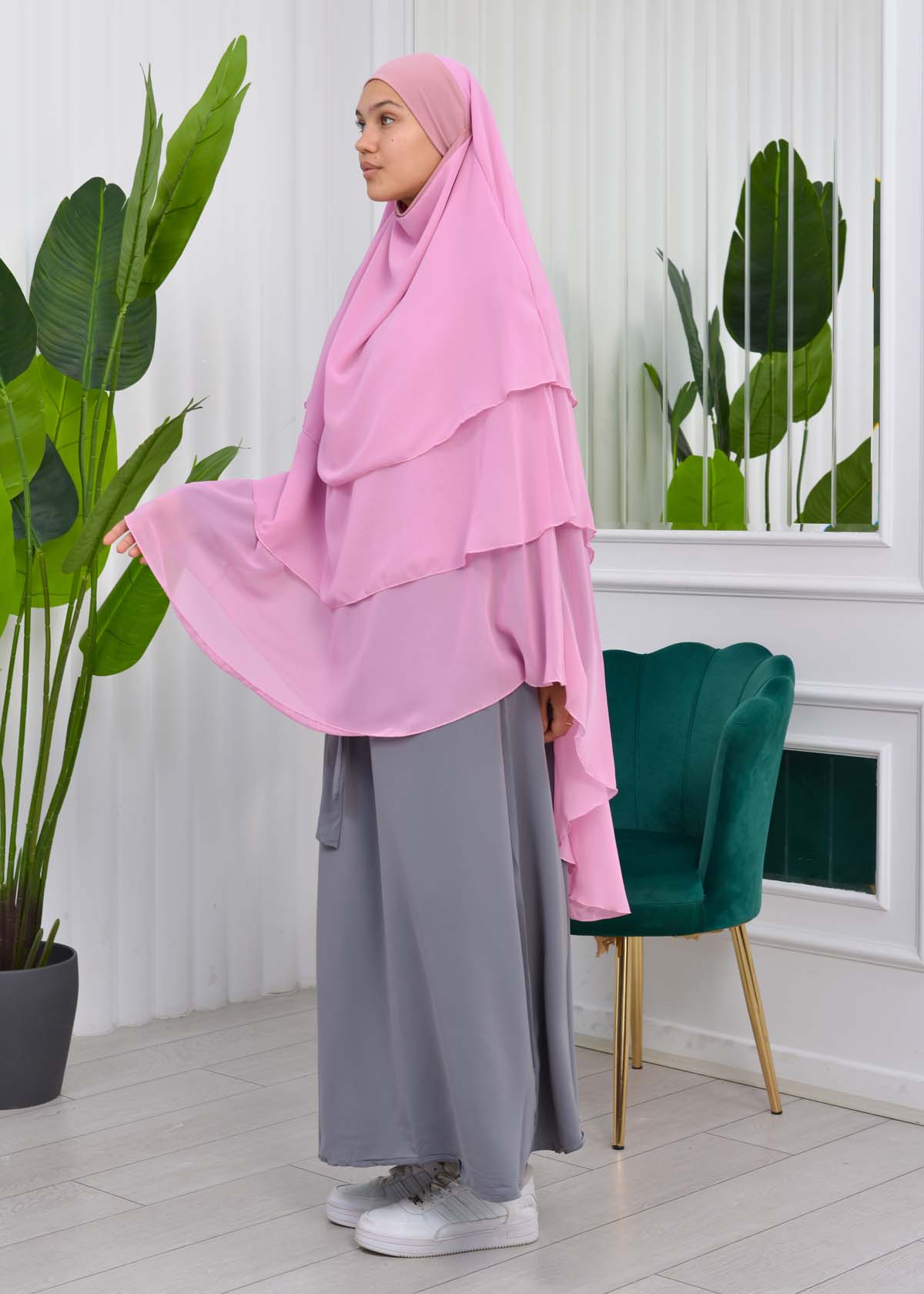 Chiffon Hijab Ready Made Veiled Practical Scarf 3 Layer - Cover Souffle 827 Açık Pembe