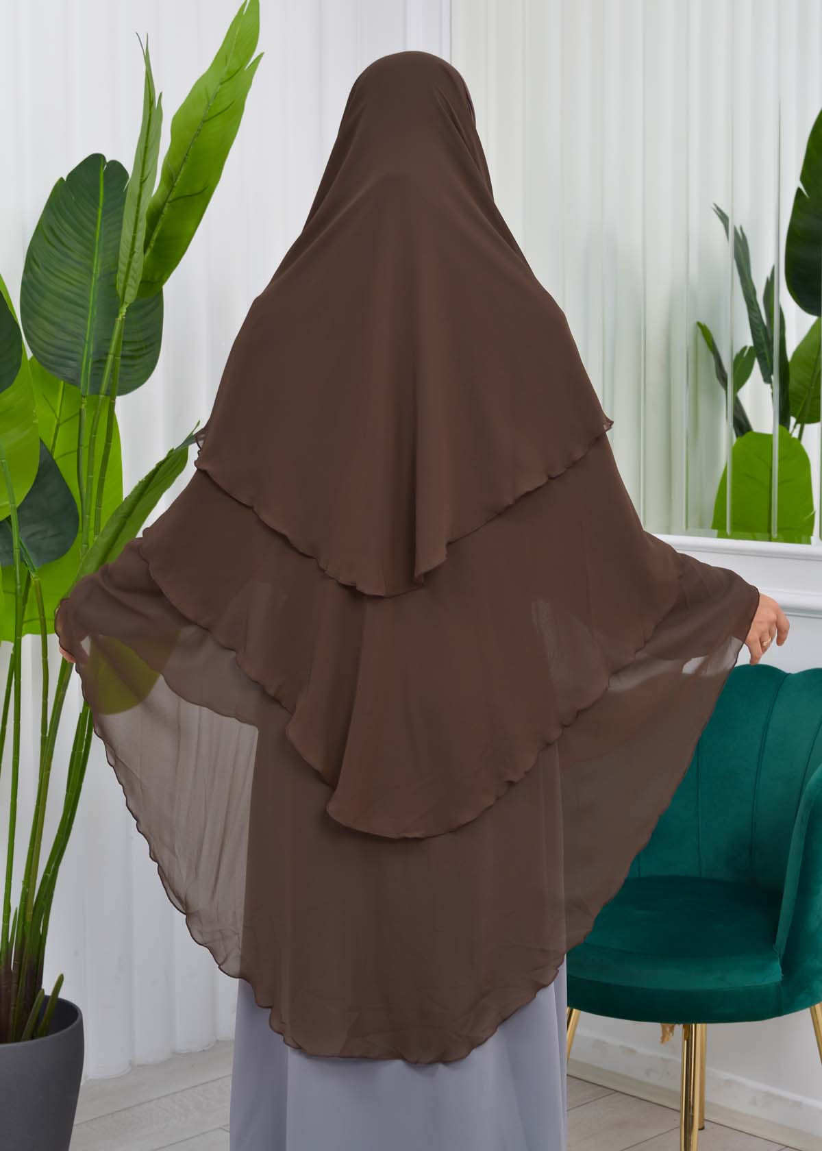 Chiffon Hijab Ready Made Veiled Practical Scarf 3 Layer - Cover Souffle 827 kuyu kahve rengı