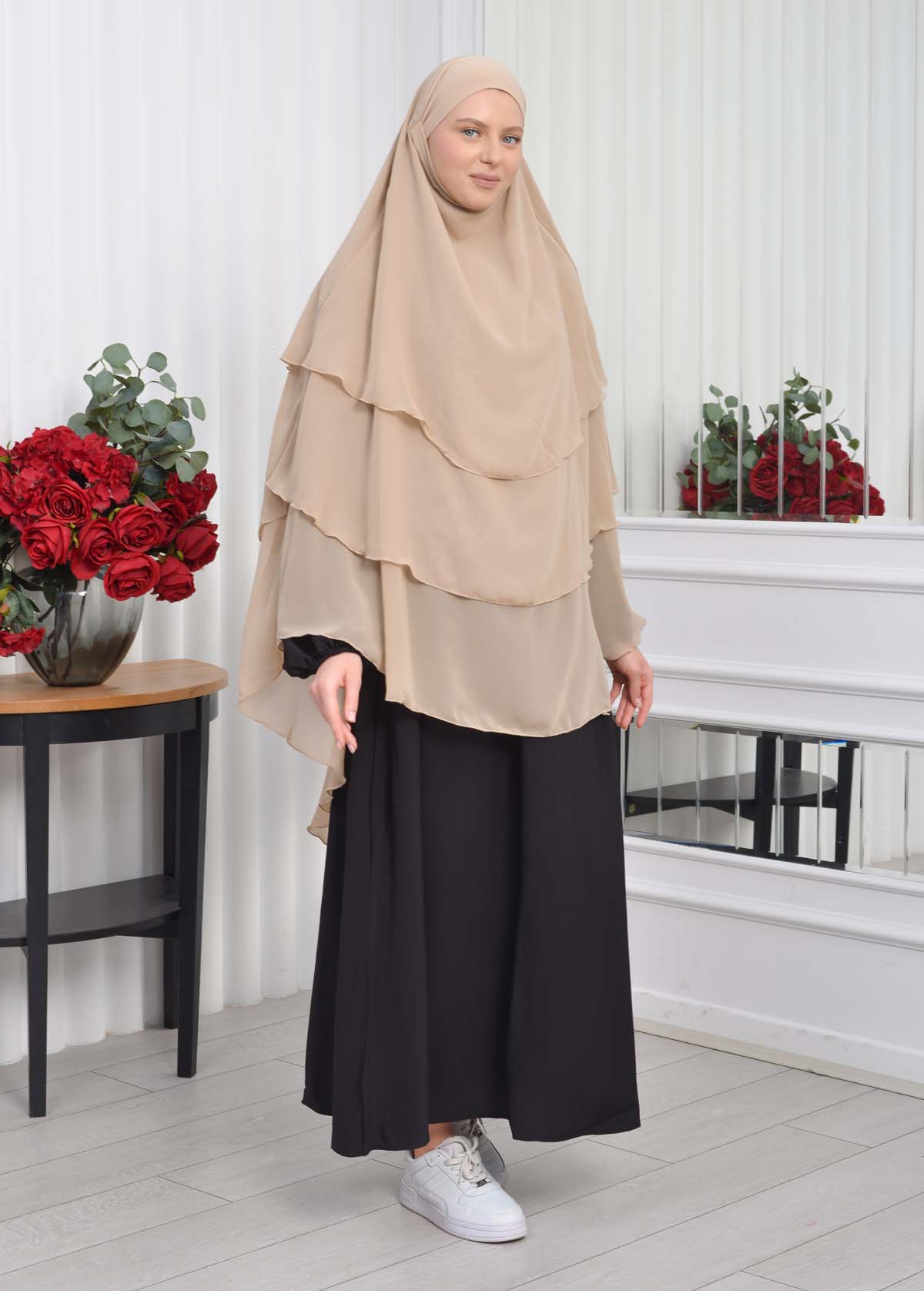 Chiffon Hijab Ready Made Veiled Practical Scarf 3 Layer - Cover Souffle 827 - beige