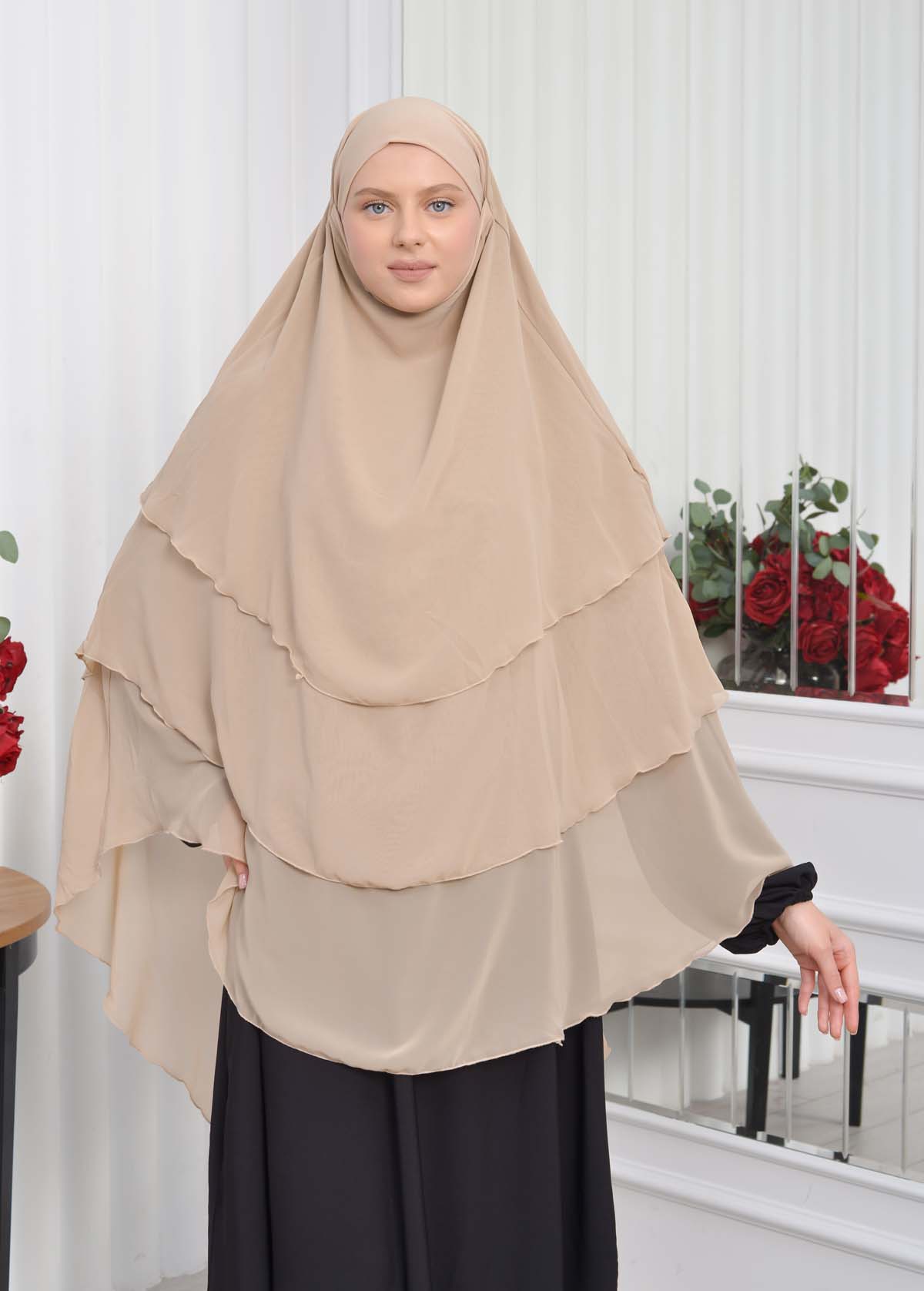 Chiffon Hijab Ready Made Veiled Practical Scarf 3 Layer - Cover Souffle 827 Bej