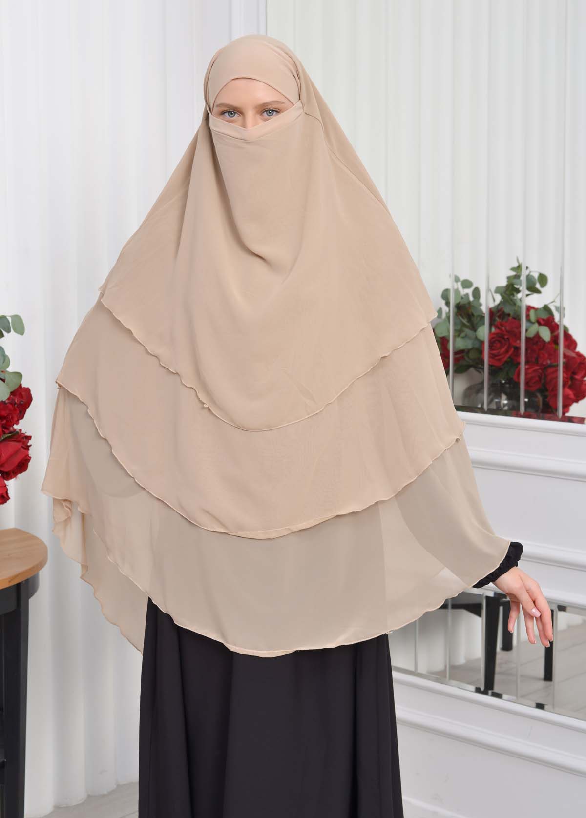 Chiffon Hijab Ready Made Veiled Practical Scarf 3 Layer - Cover Souffle 827 Bej