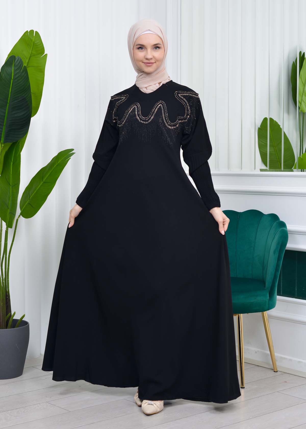 Stone Embroidered Islamic Clothing Evening Dress -Code : 633 - black