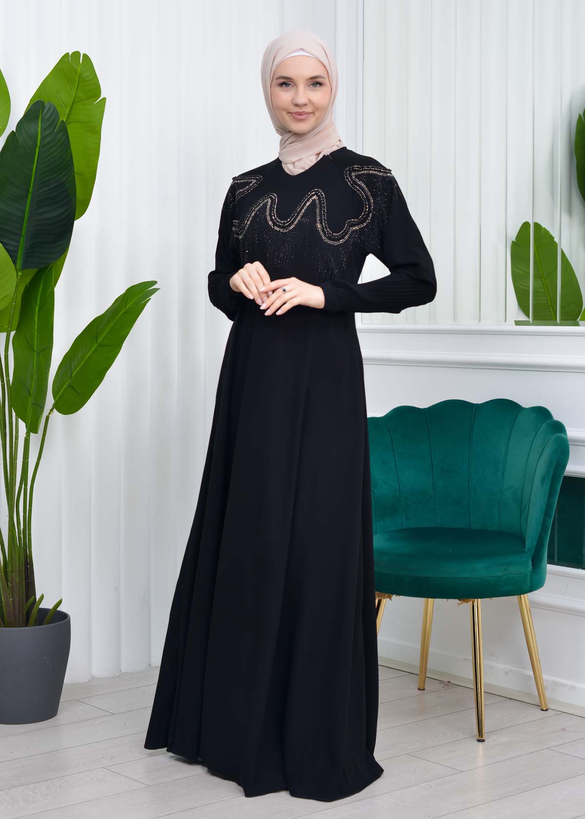 Stone Embroidered Islamic Clothing Evening Dress -Code : 633 - black