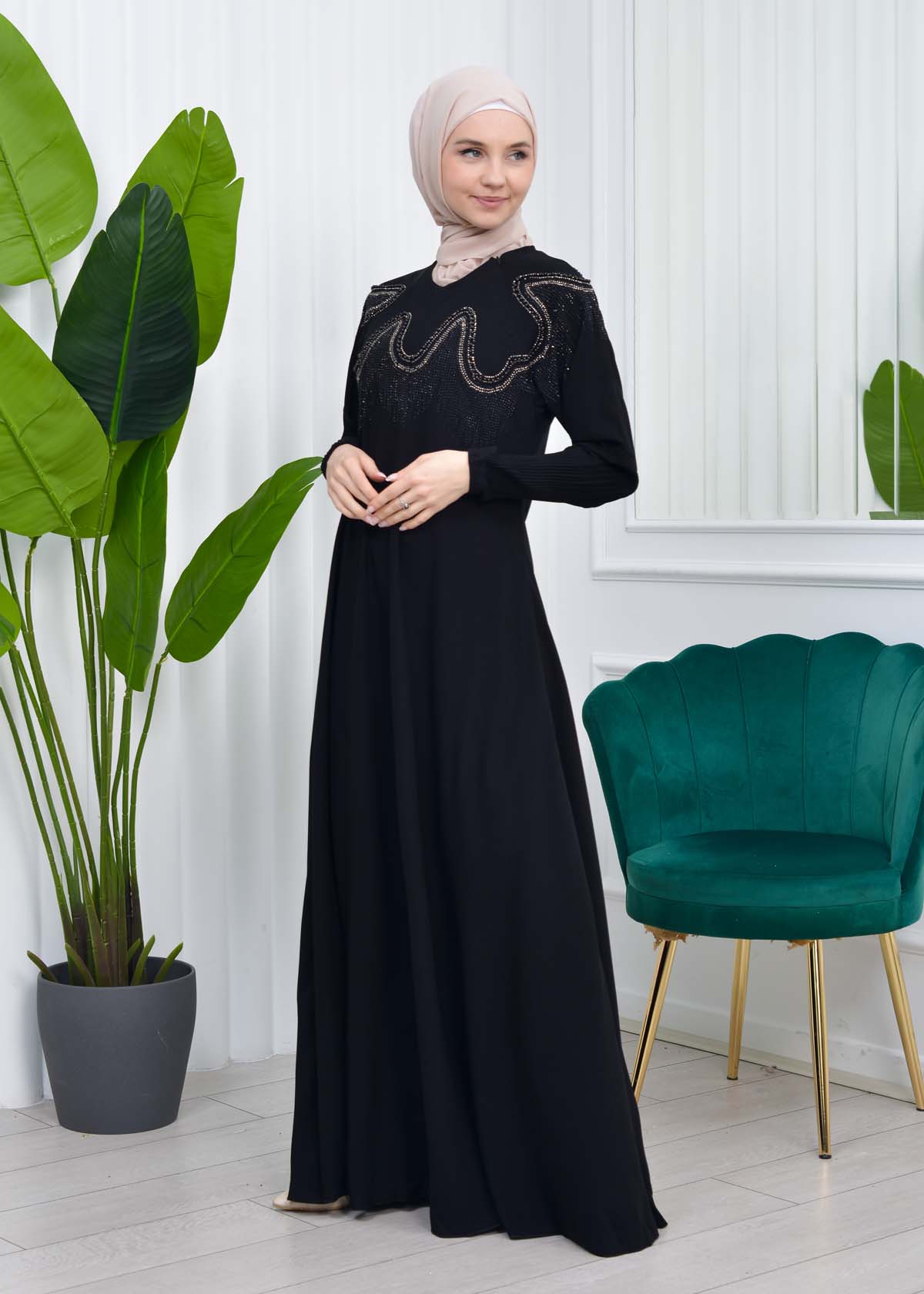 Stone Embroidered Islamic Clothing Evening Dress -Code : 633 - black