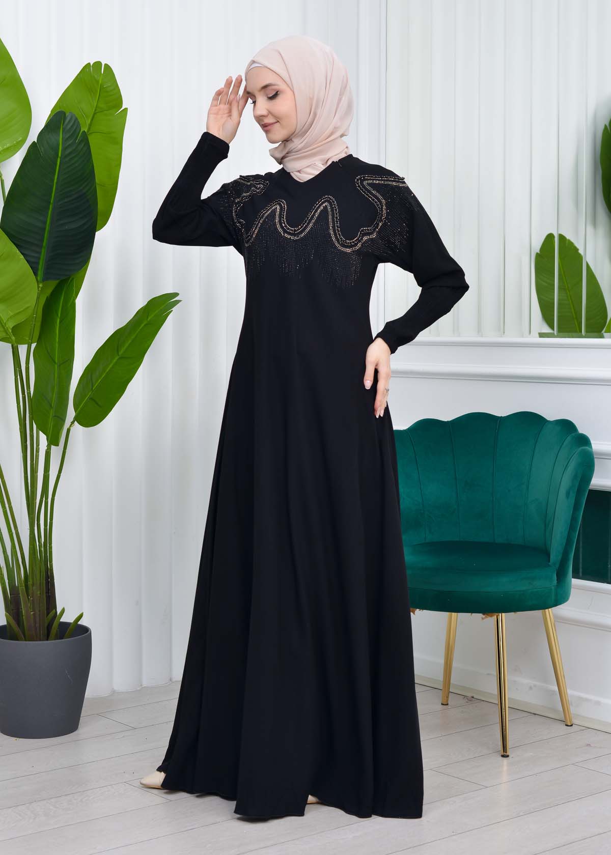 Stone Embroidered Islamic Clothing Evening Dress -Code : 633 - black