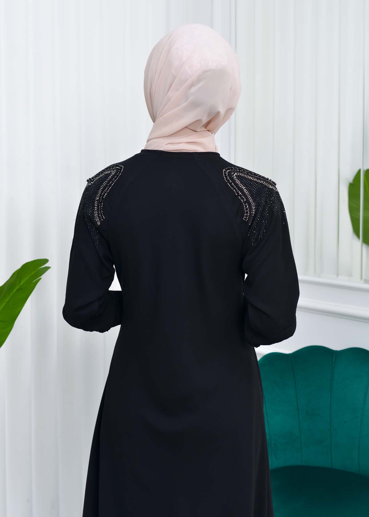 Stone Embroidered Islamic Clothing Evening Dress -Code : 633 - black