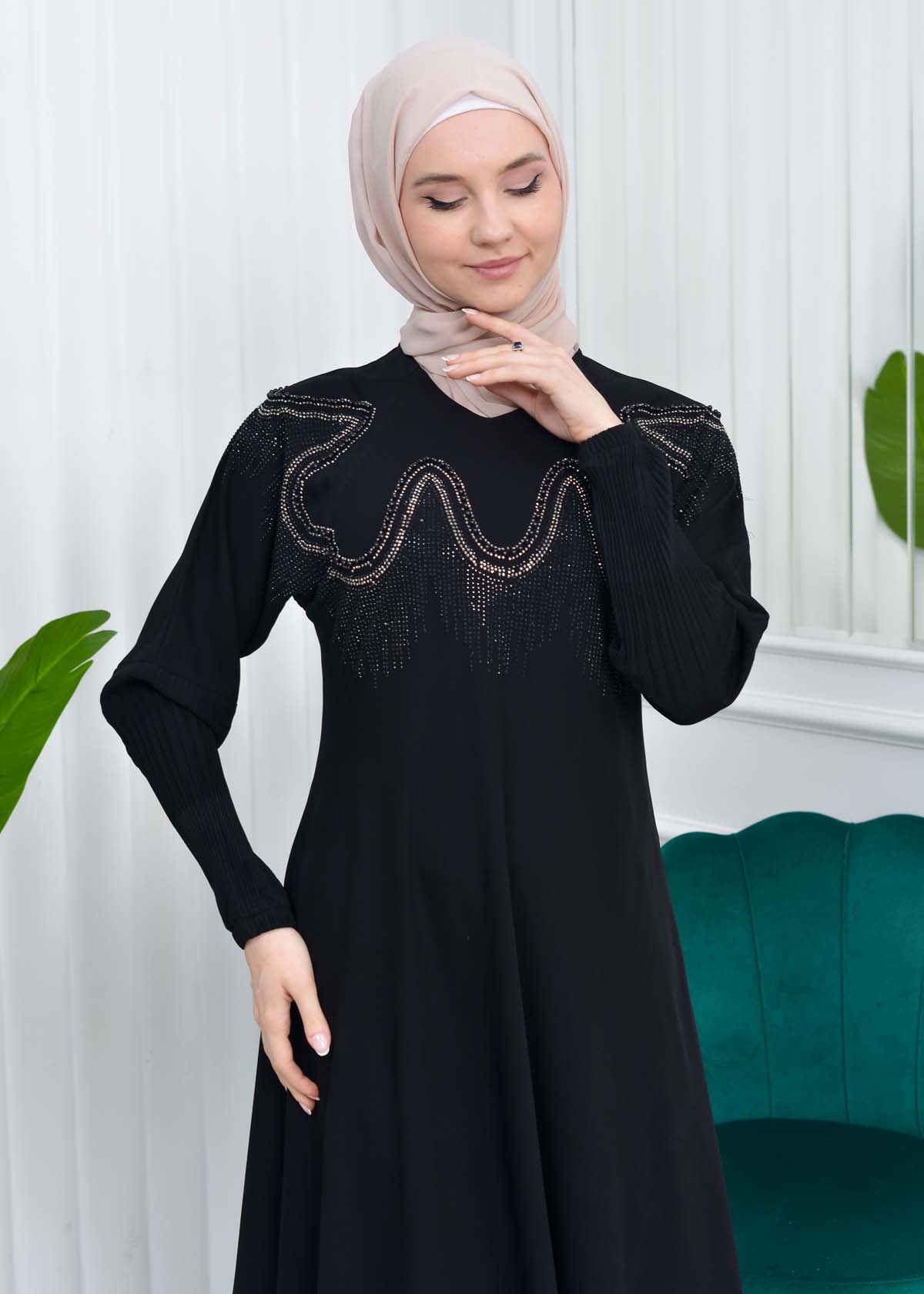 Stone Embroidered Islamic Clothing Evening Dress -Code : 633 - black