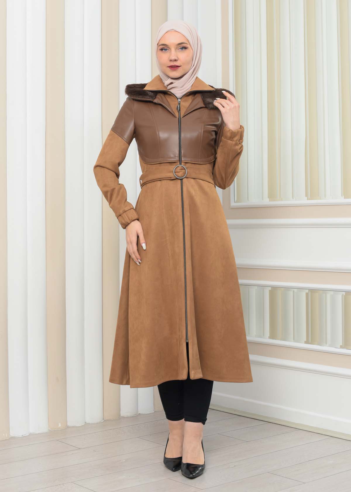 BELT SUEDE TRENCH COAT WITH FUR COLLAR 1351  taba