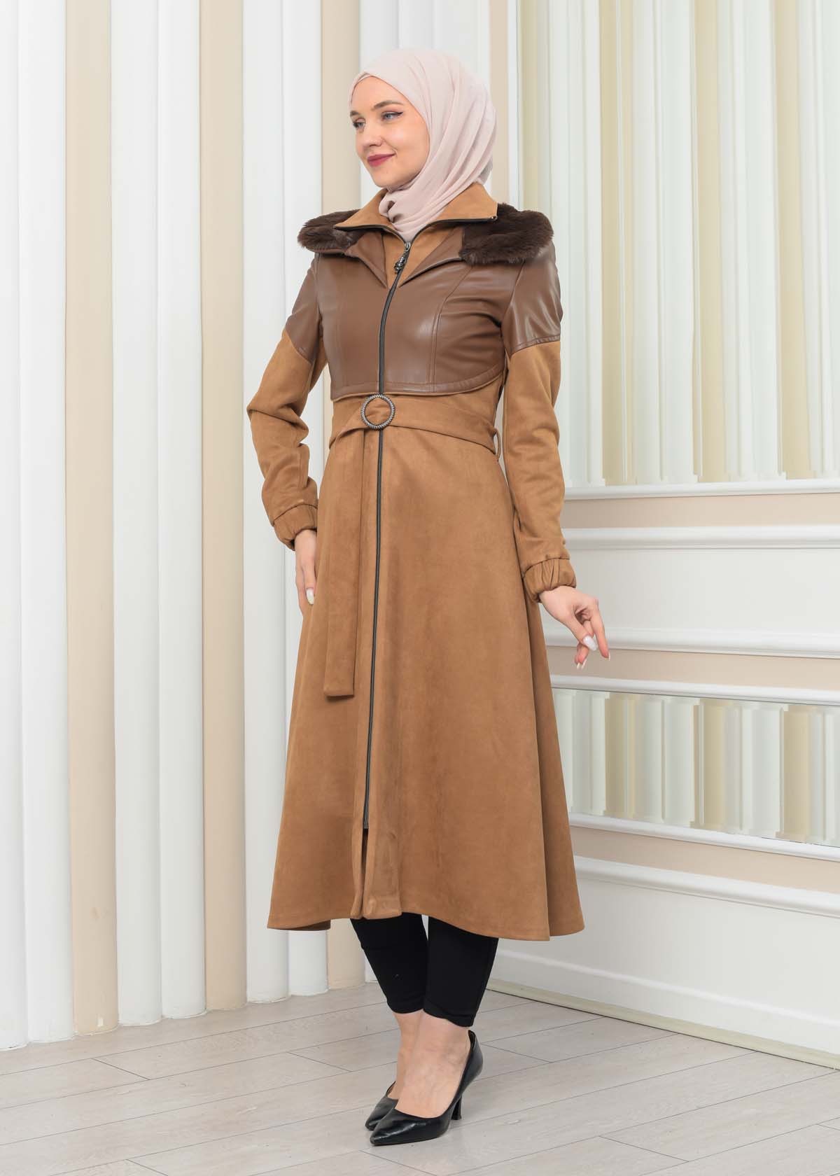 BELT SUEDE TRENCH COAT WITH FUR COLLAR 1351  taba