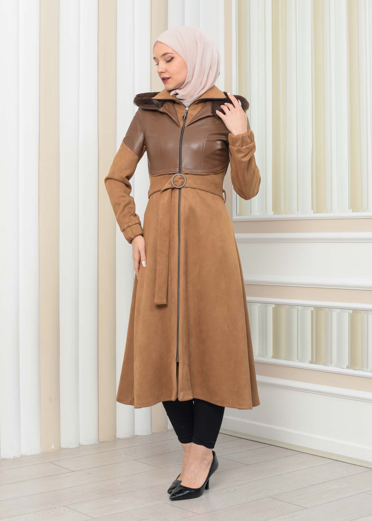 BELT SUEDE TRENCH COAT WITH FUR COLLAR 1351  taba