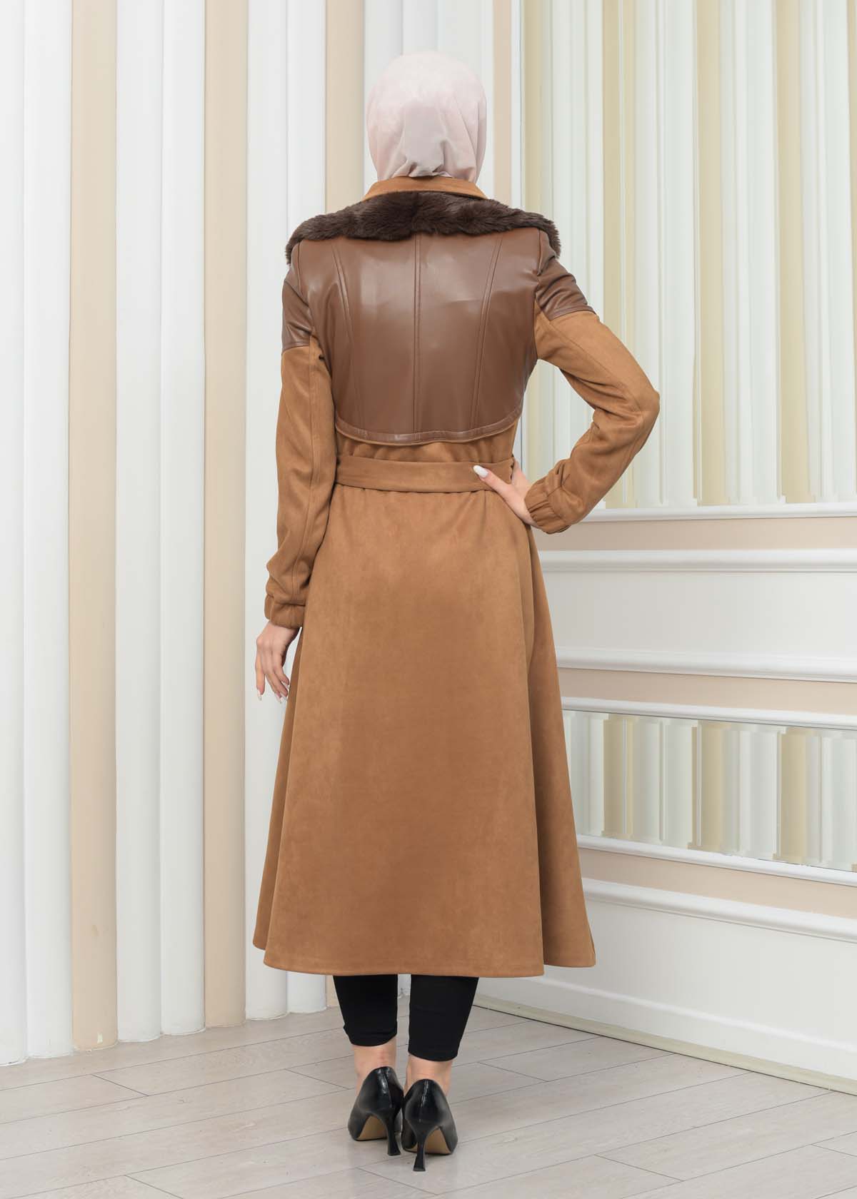 BELT SUEDE TRENCH COAT WITH FUR COLLAR 1351  taba