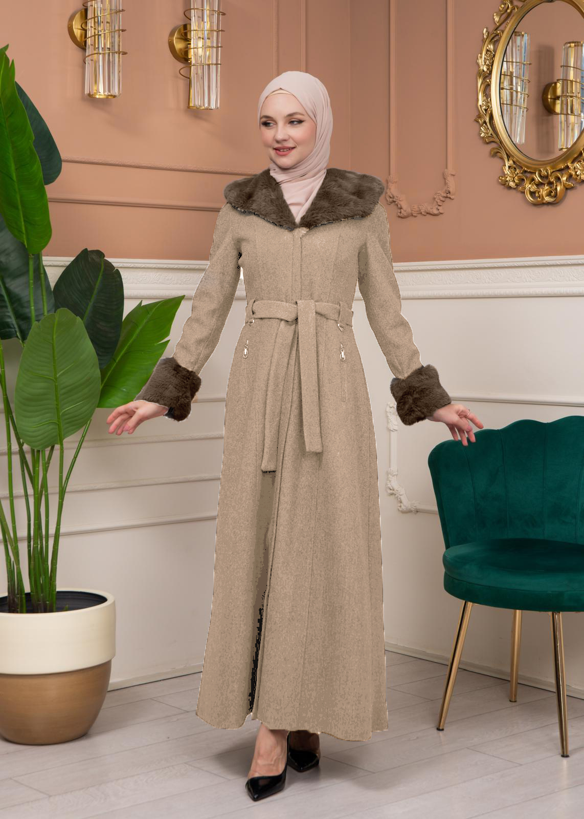 Woolen Winter Coat with Fur Lining - 1360 - beige