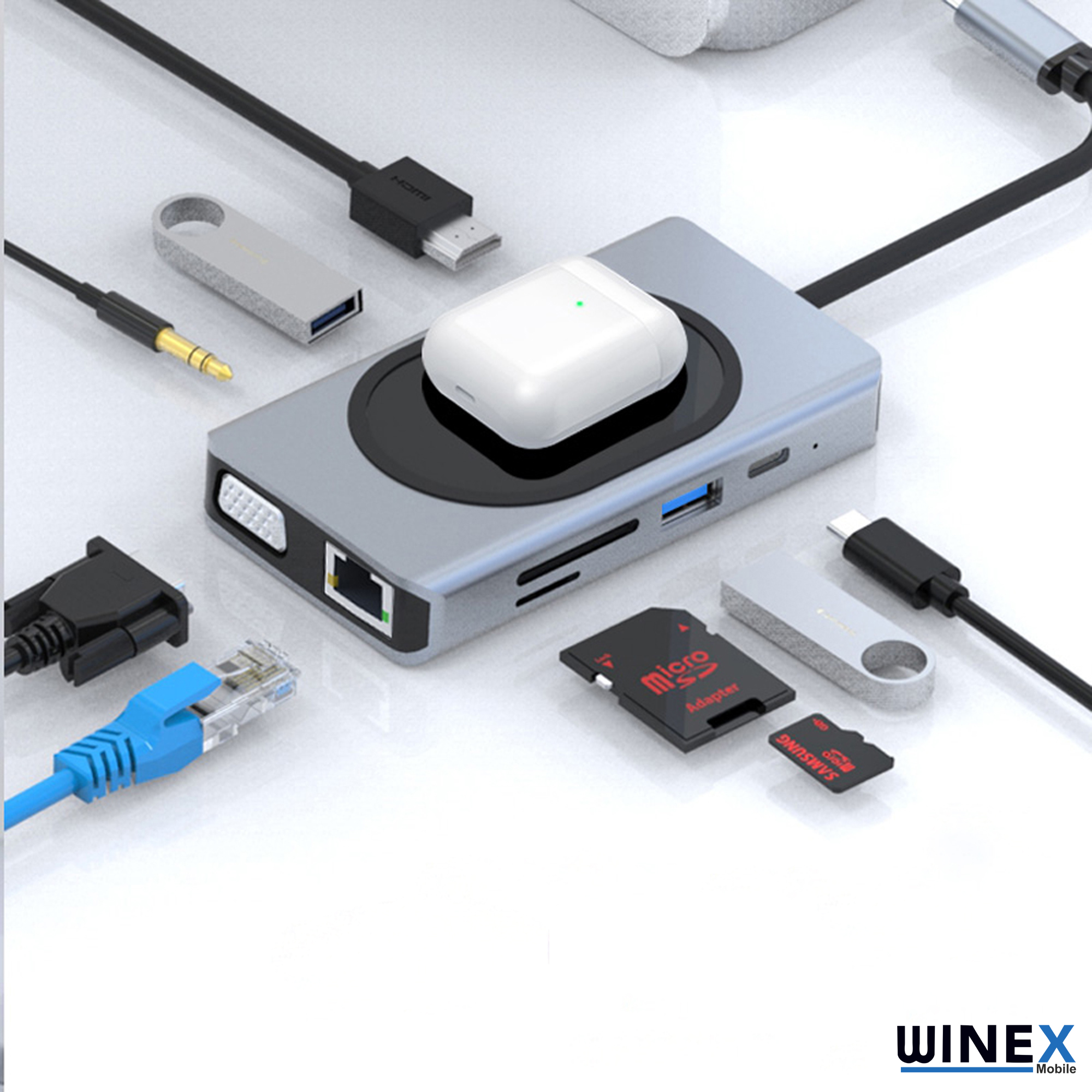 Winex 9in1 USB Type-C Hub Port Adaptör 4K HDMI USB Ethernet PD Girişli 15W Kablosuz Şarj
