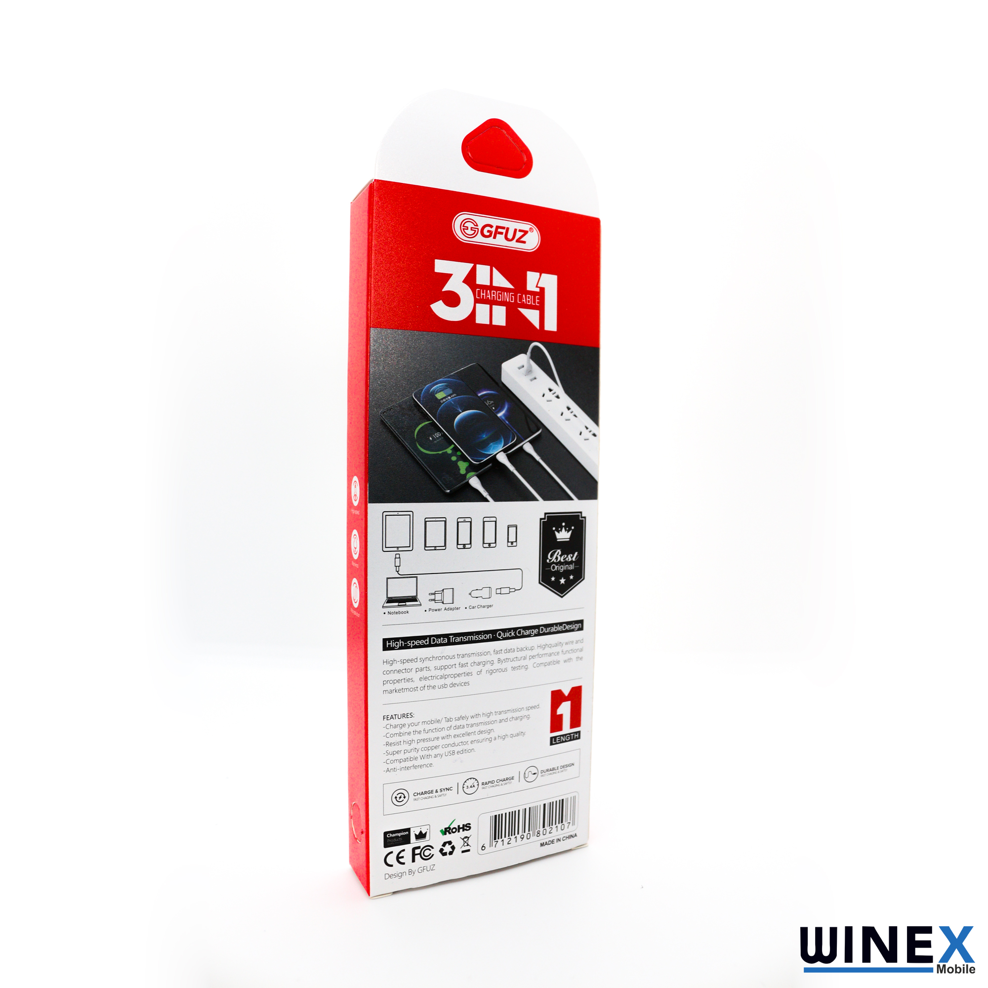 Winex CA107 Gfz 3in1 Micro, Lightning, Type-C Çıkışlı Data ve Şarj Kablosu 3.4A Beyaz