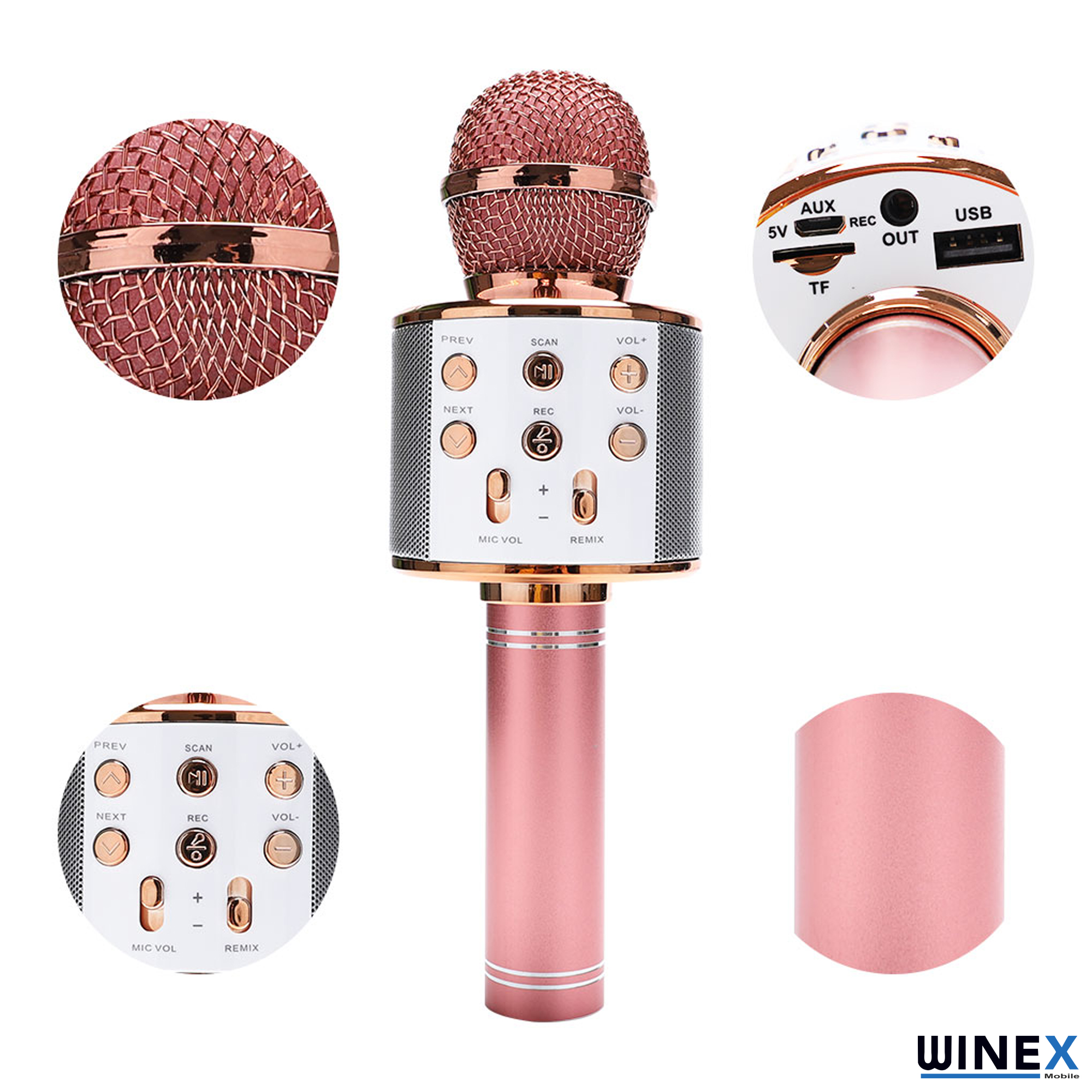 Winex UsbA+TF Sd Kart+3.5mm Aux Girişli Bluetooth Karaoke Mikrofonu Pembe