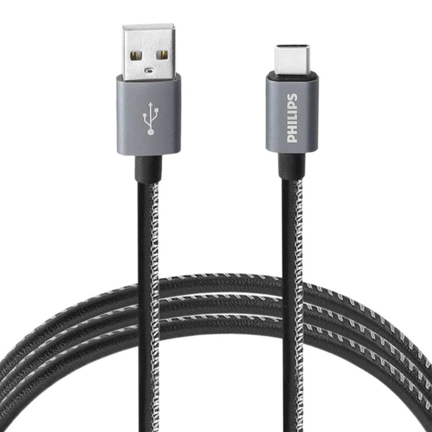 Philips 70W UsbA to Type-C Deri Kaplama Hızlı Şarj ve Data Kablosu 1.2m Siyah Gri 2528B