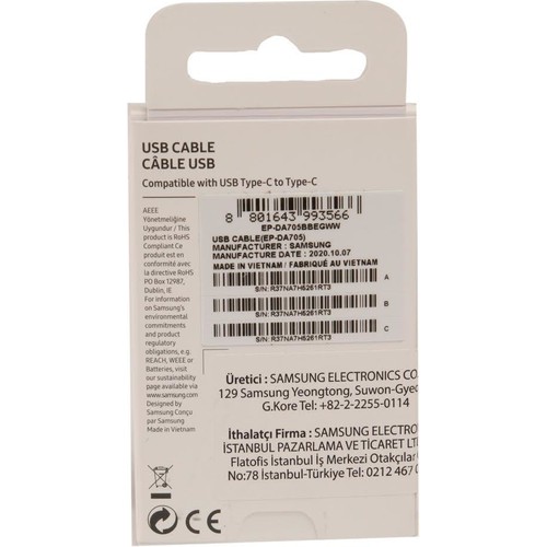 Samsung EP-DA705 Type-C To Type-C 25W Data ve Şarj Kablo Beyaz Samsung Türkiye Garantili