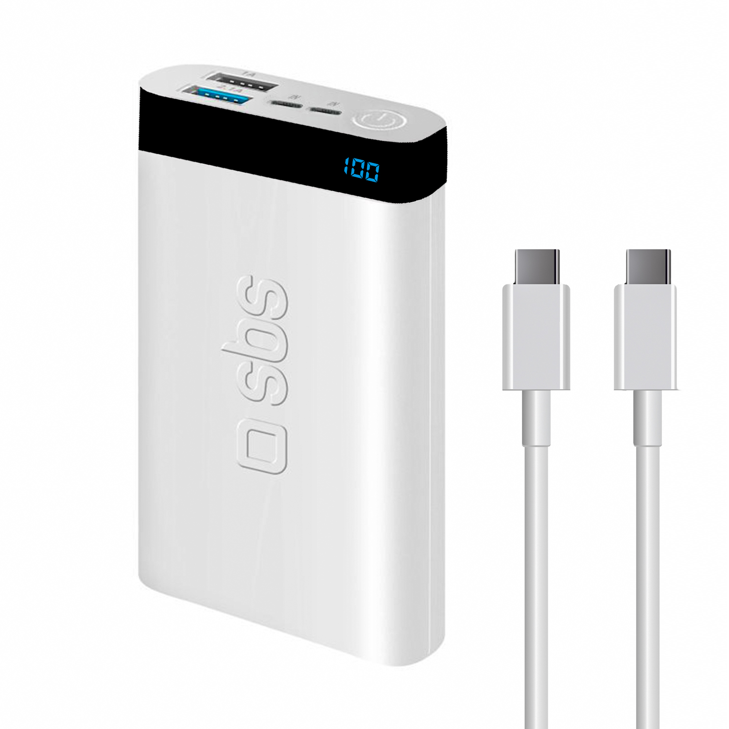 Sbs İntelligent Fast Charge 10.000mAh 2xUsbA + Type-C Çıkışlı Led Göstergeli 2M Type-C to Type-C Kablolu Powerbank Beyaz
