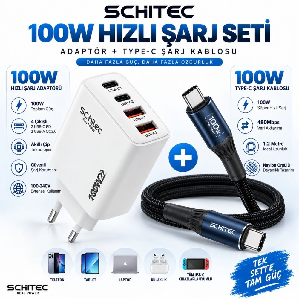 SChitec 100W 4 Çıkışlu Hızlı Şarj Başlığı  ve 100W Type-C to Type-C Süper Hızlı Şarj Kablosu 1.2