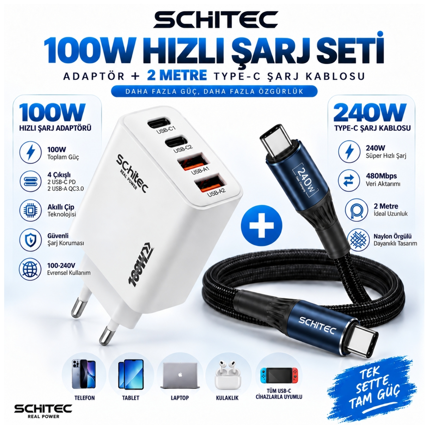 SChitec 100W 4 Çıkışlu Hızlı Şarj Başlığı  ve 240W Type-C to Type-C Süper Hızlı Şarj Kablosu 2 Metre