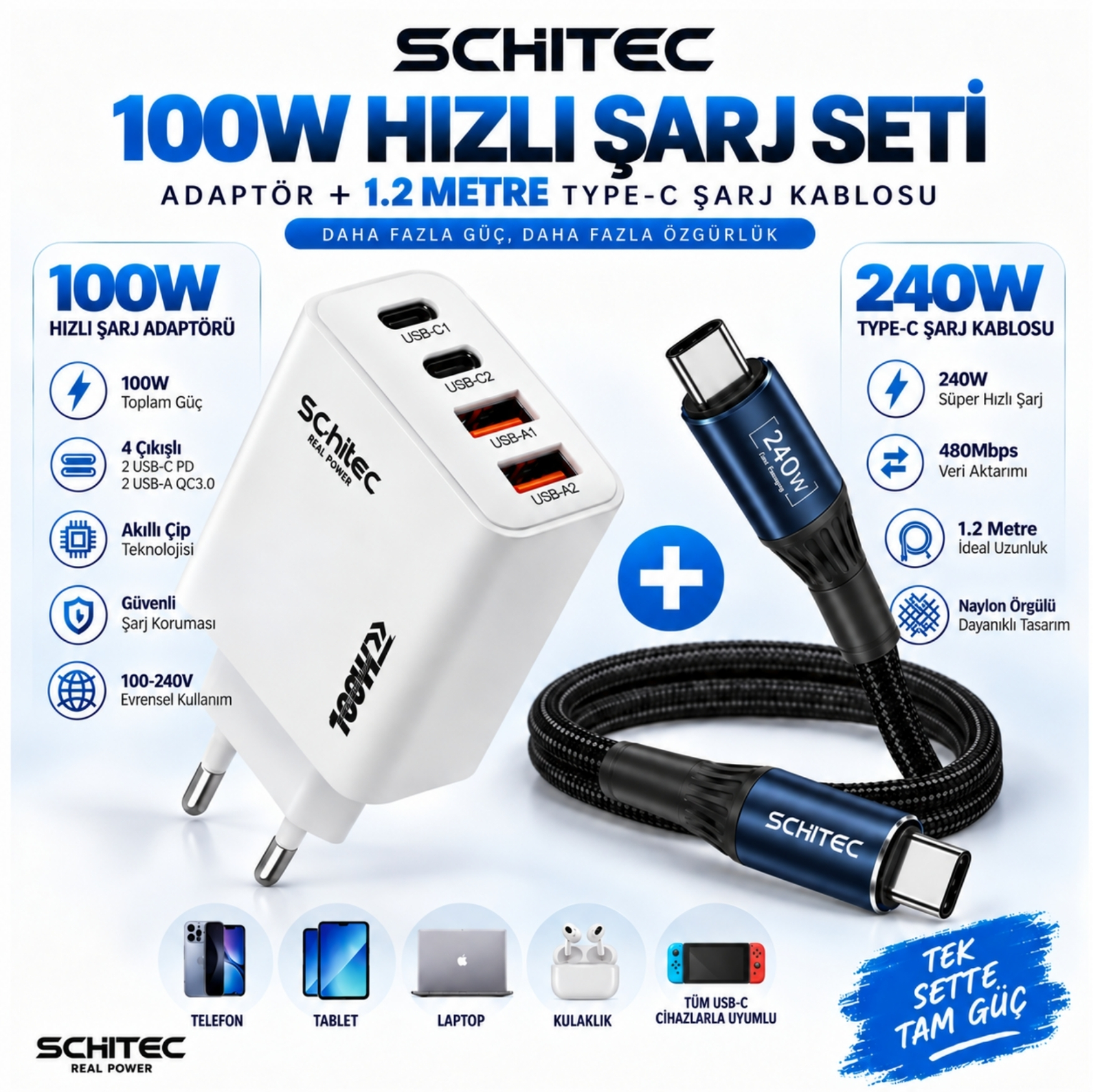 SChitec 100W 4 Çıkışlu Hızlı Şarj Başlığı  ve 240W Type-C to Type-C Süper Hızlı Şarj Kablosu