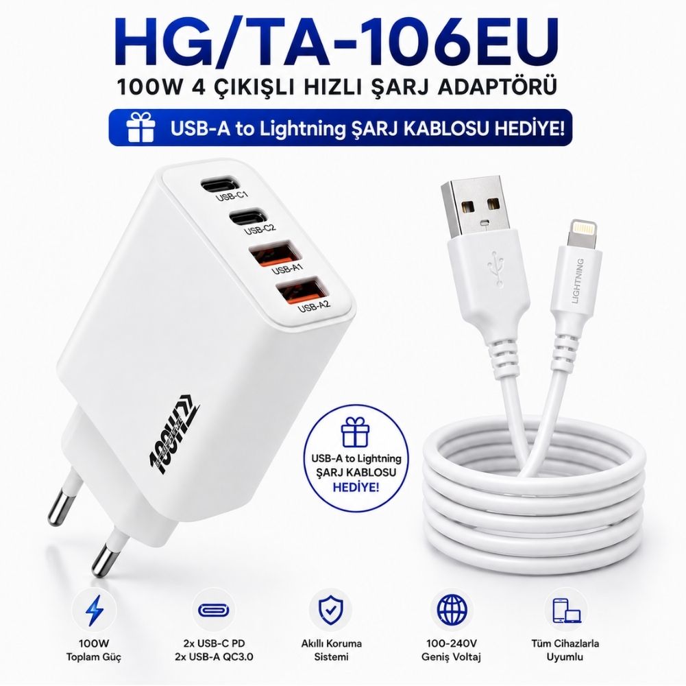 SChitec 100W 4 Çıkışlı Hızlı Şarj Başlığı ve 67W UsbA to Lightning  Hızlı Şarj Kablosu 1M HEDİYE 